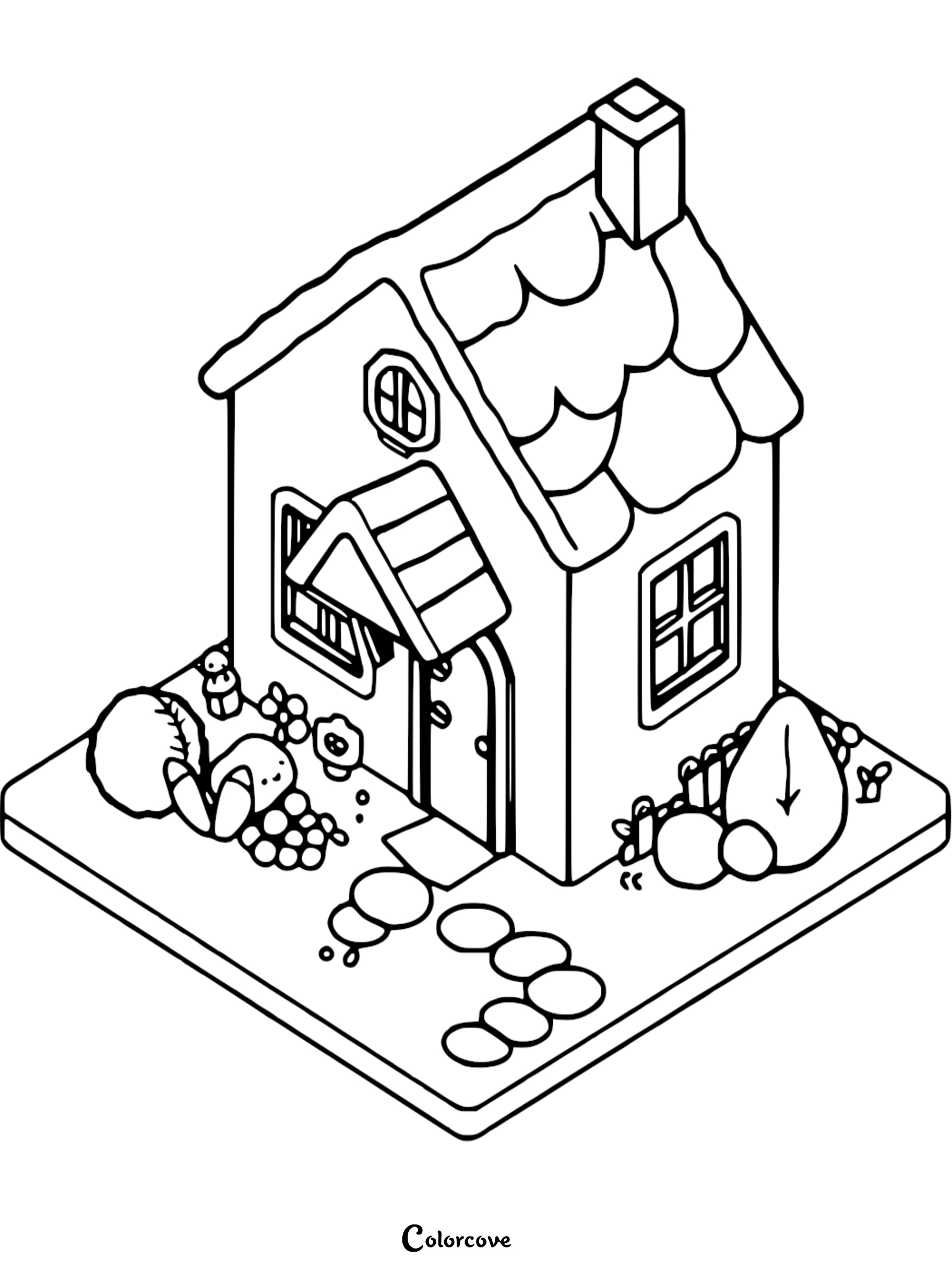 Isometric cozy cottage coloring page featuring a small house with a chimney, shingled roof, and a stone path through a garden.