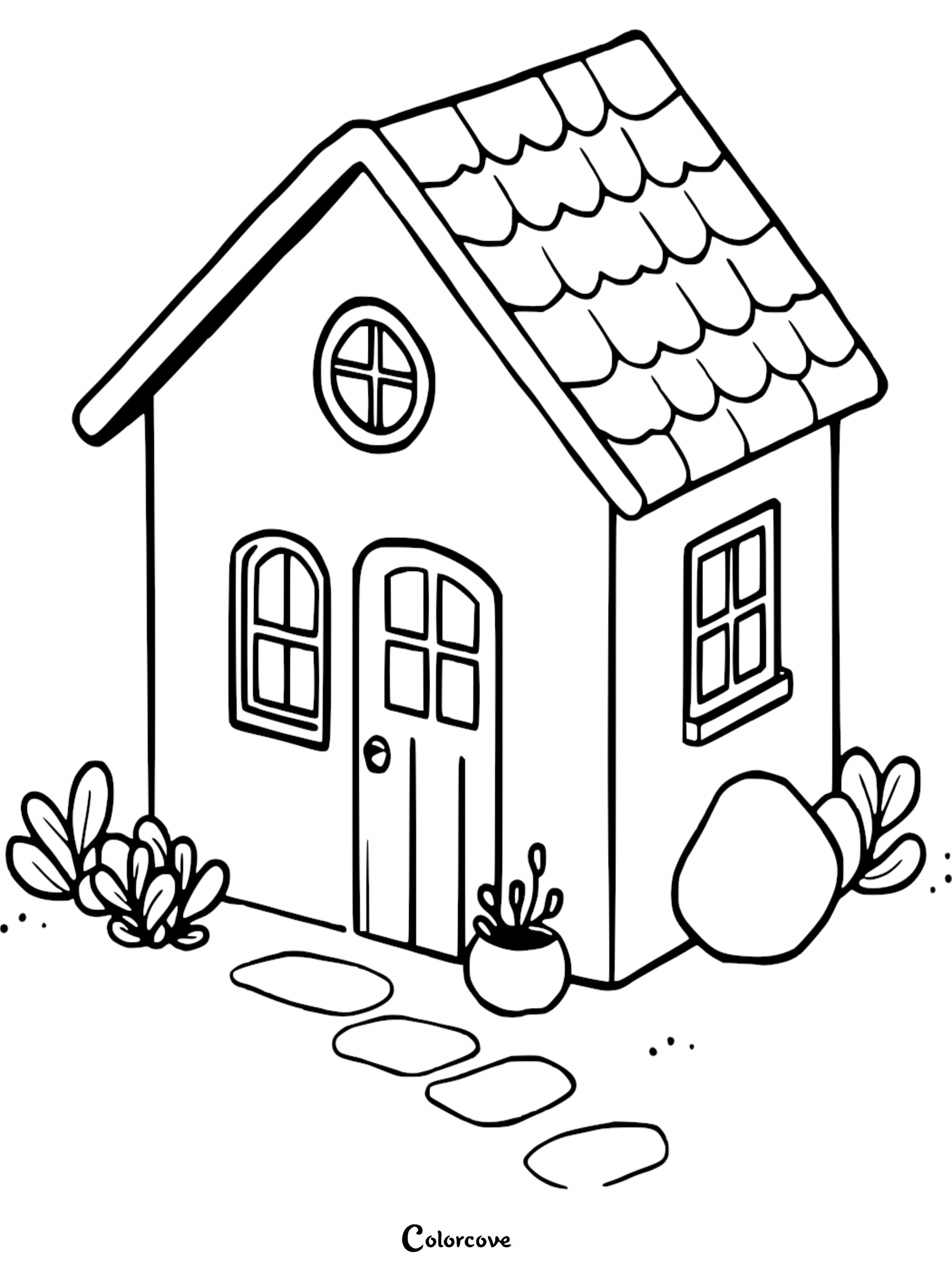 A charming cozy cottage coloring page featuring a shingled roof, arched doorway, stone path, and garden plants.