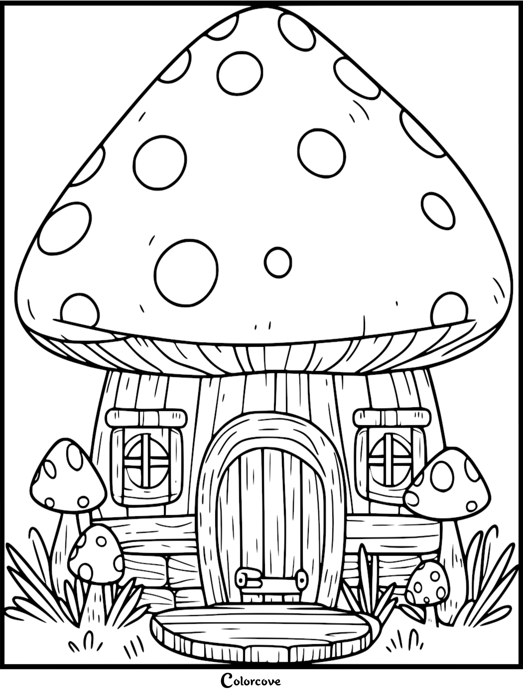 A printable coloring page featuring a cozy mushroom cottage with a large spotted cap roof, arched wooden door, and smaller mushrooms in the grass.