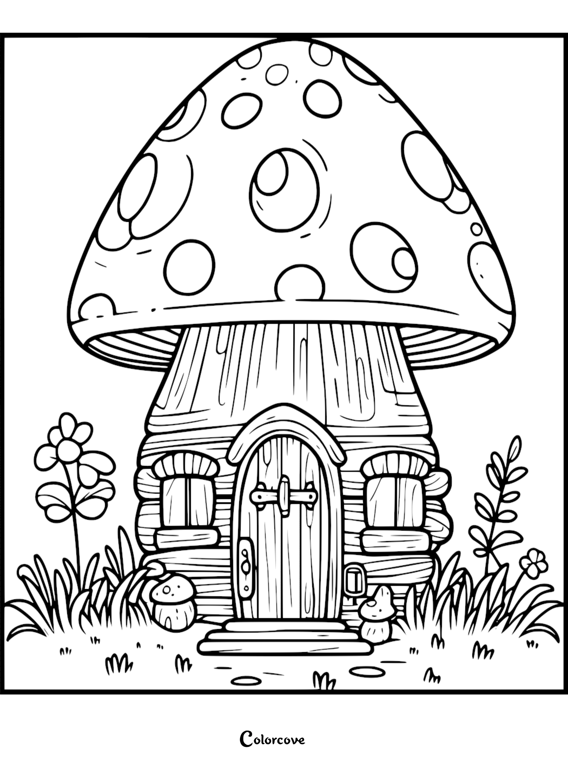 A printable coloring page featuring a whimsical mushroom cottage with a large spotted cap, wooden log walls, and a small arched door surrounded by flowers and grass.