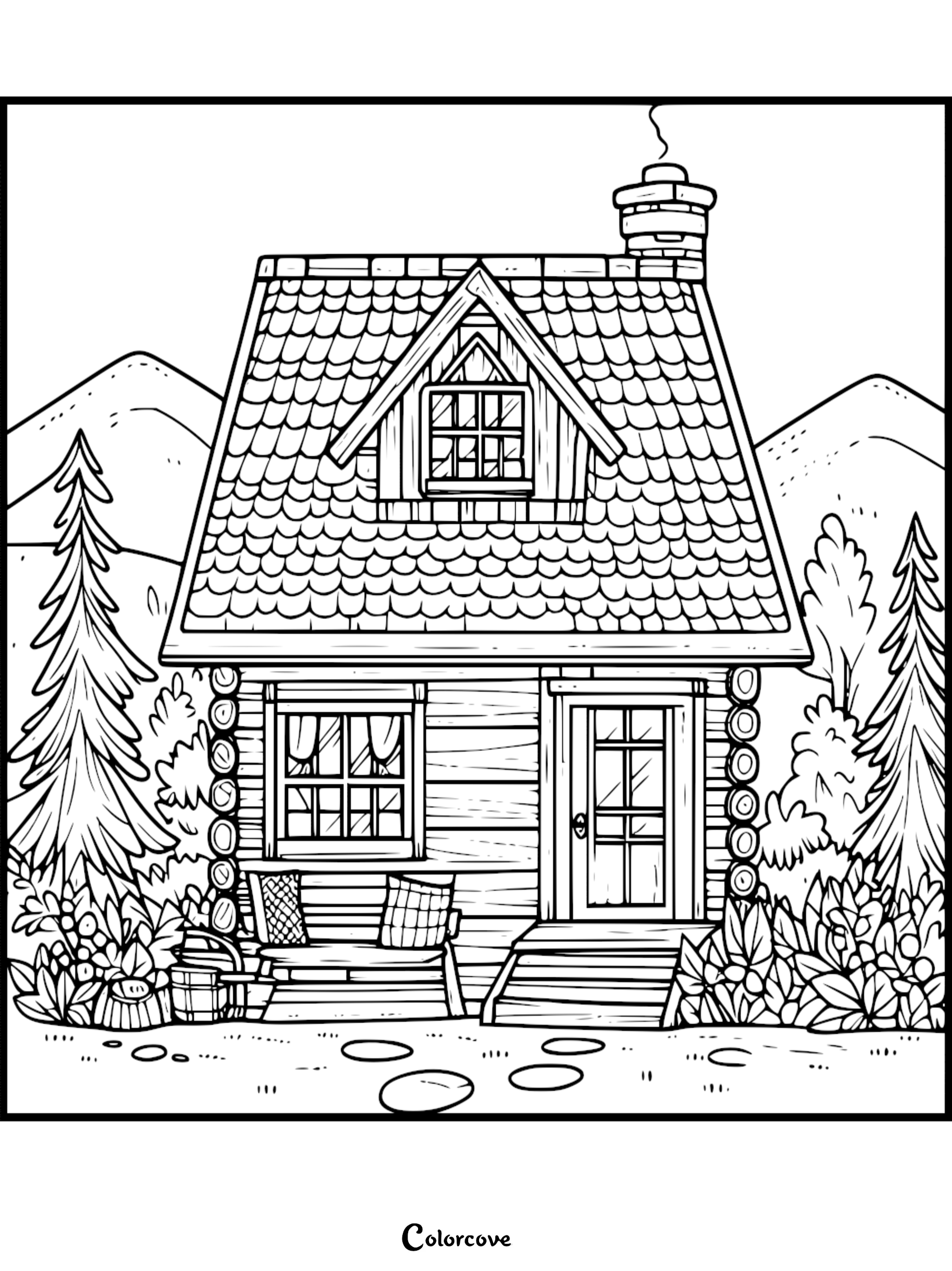 A printable coloring page featuring a cozy log cabin cottage with a shingled roof, chimney, and front porch bench nestled in a mountain forest landscape.