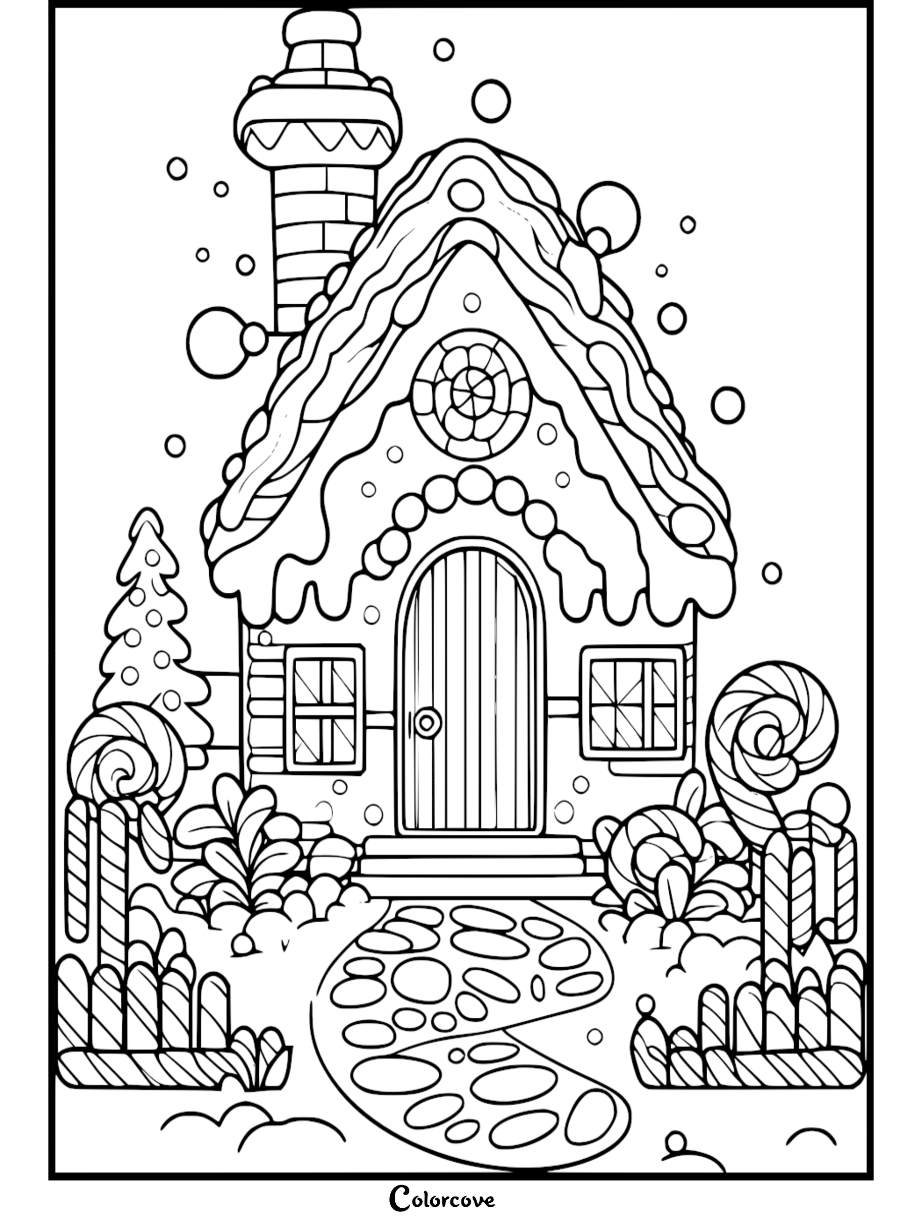 A printable coloring page of a cozy cottage decorated with candy canes and frosting, featuring a stone path and snowy landscape.