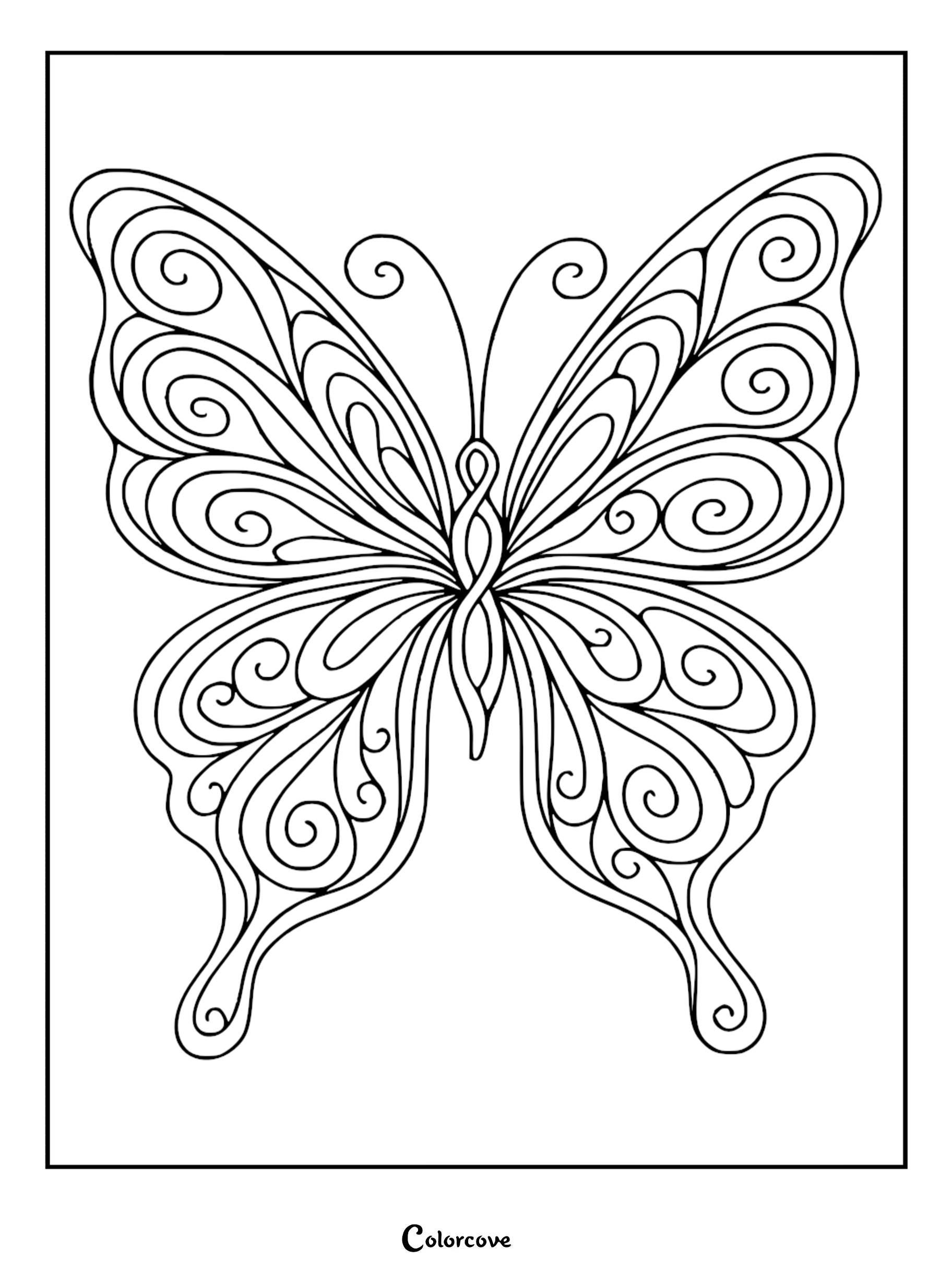 A printable Cozy Butterfly coloring page featuring intricate swirling patterns on its wings.