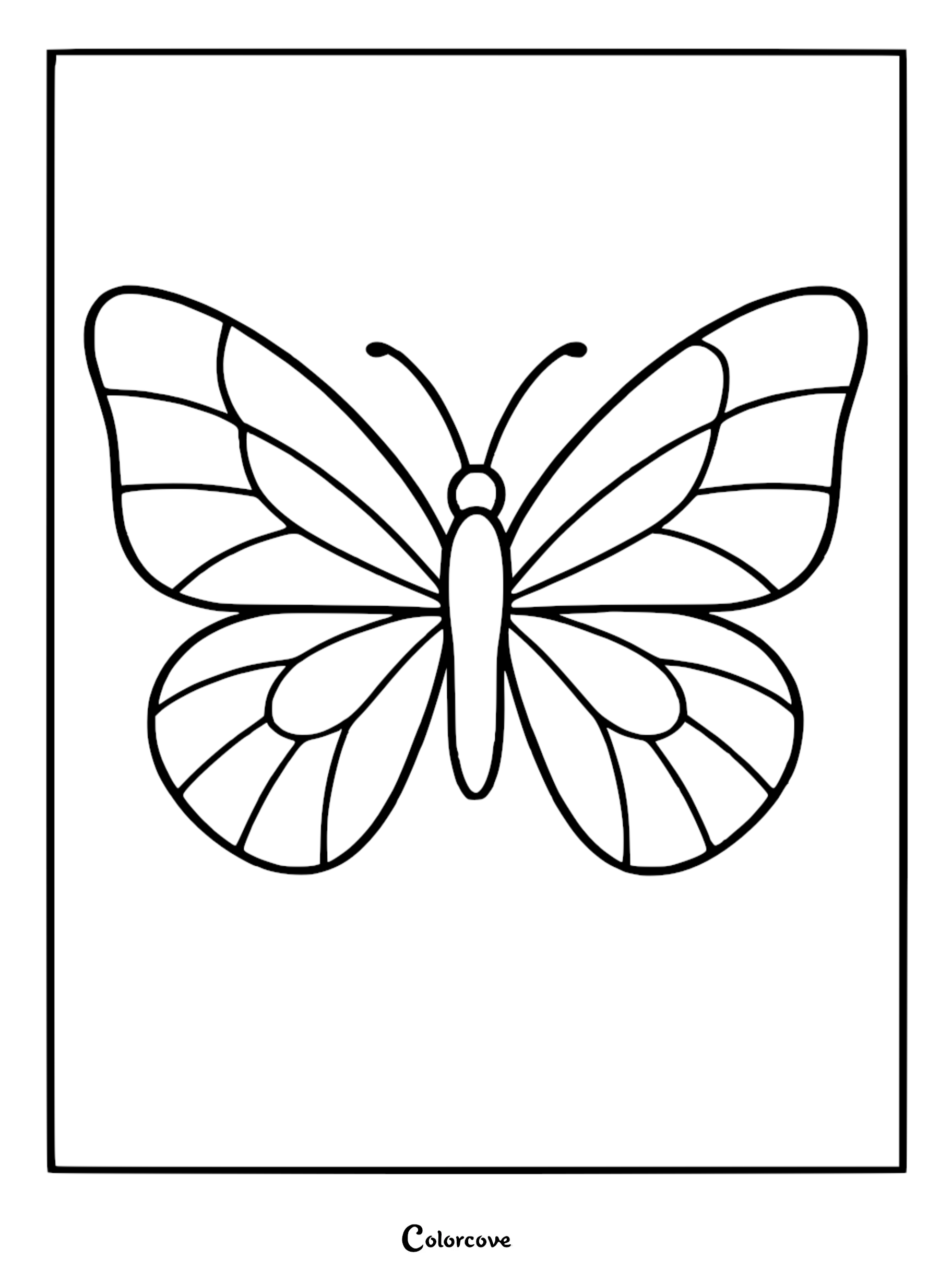 A simple line art Cozy Butterfly coloring page with bold outlines and symmetrical wing patterns.