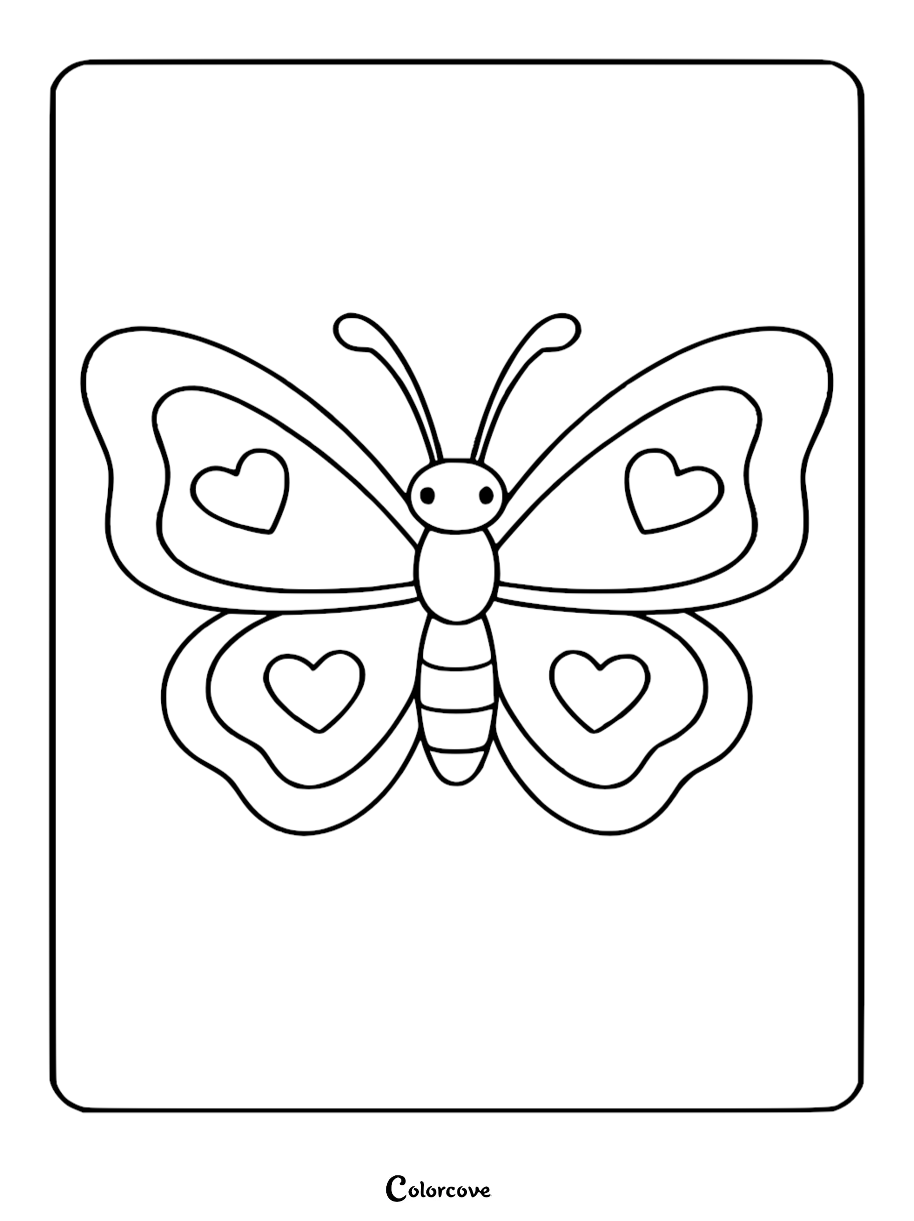 A simple line art coloring page of a Cozy Butterfly with heart patterns on its wings.