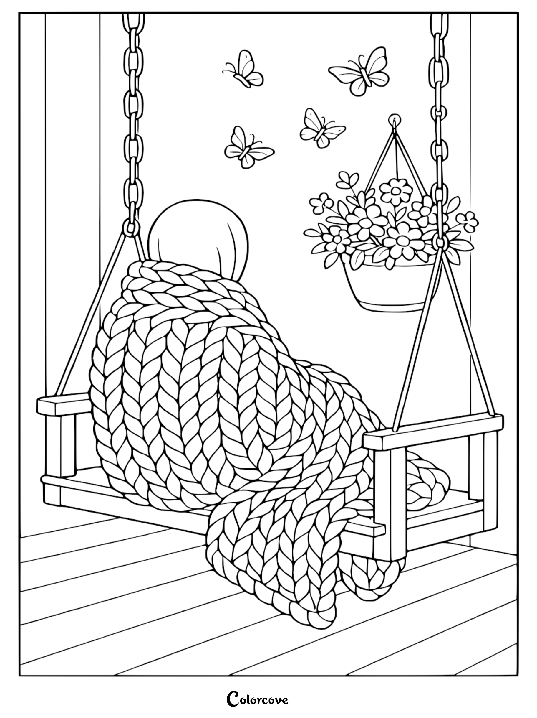 A person wrapped in a chunky knit blanket sitting on a porch swing with butterflies and a hanging flower basket in this free printable coloring page.