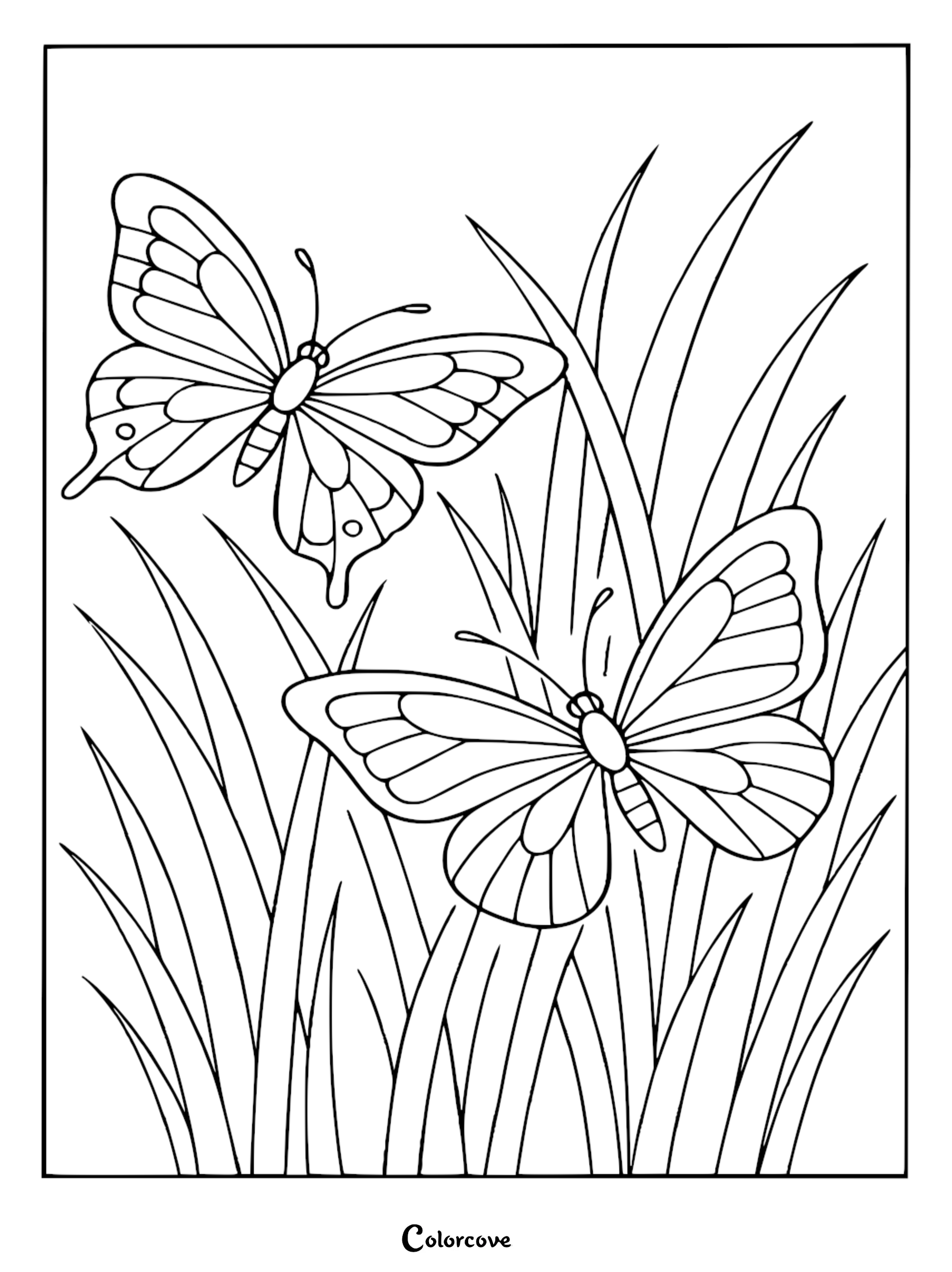 Two butterflies resting in tall grass in this free printable cozy butterfly coloring page.
