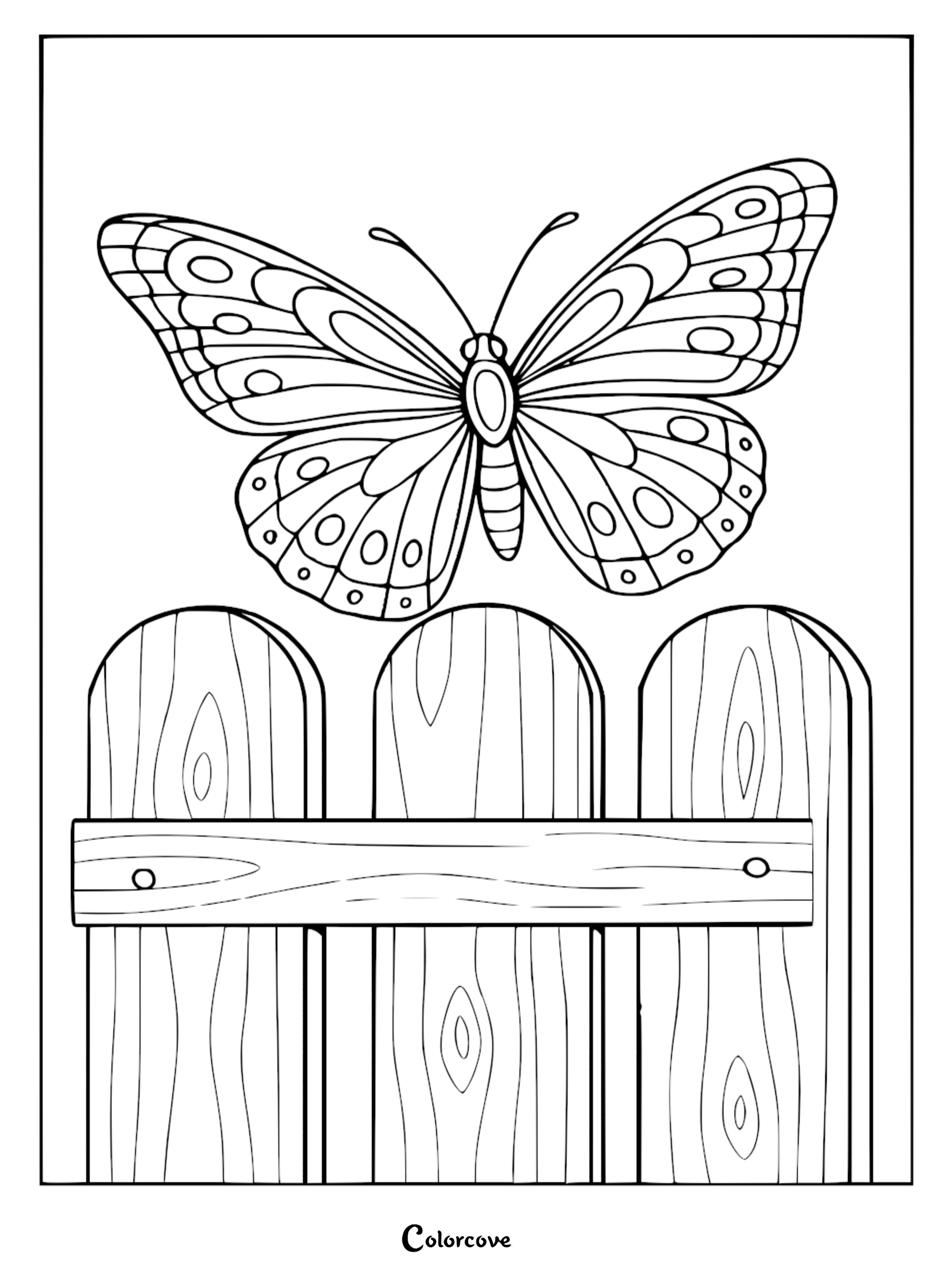 A cozy butterfly resting on a wooden picket fence in this free printable coloring page.