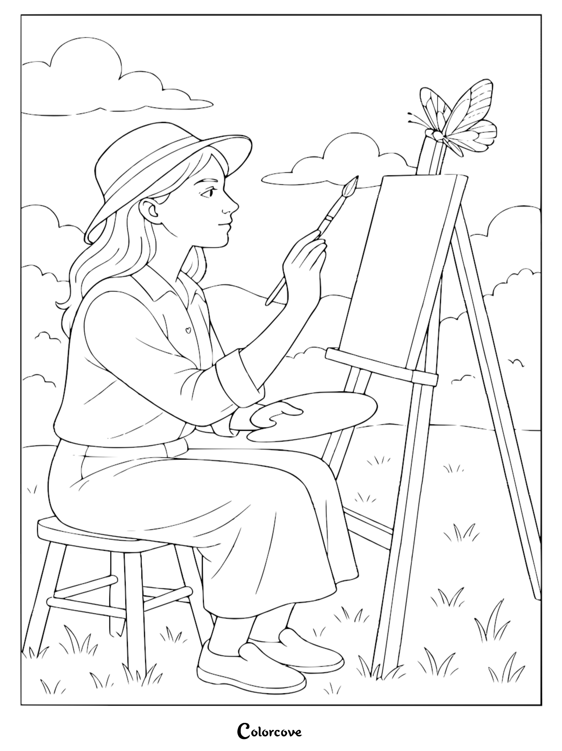 A girl wearing a hat painting a butterfly on a canvas in a field, printable coloring page.