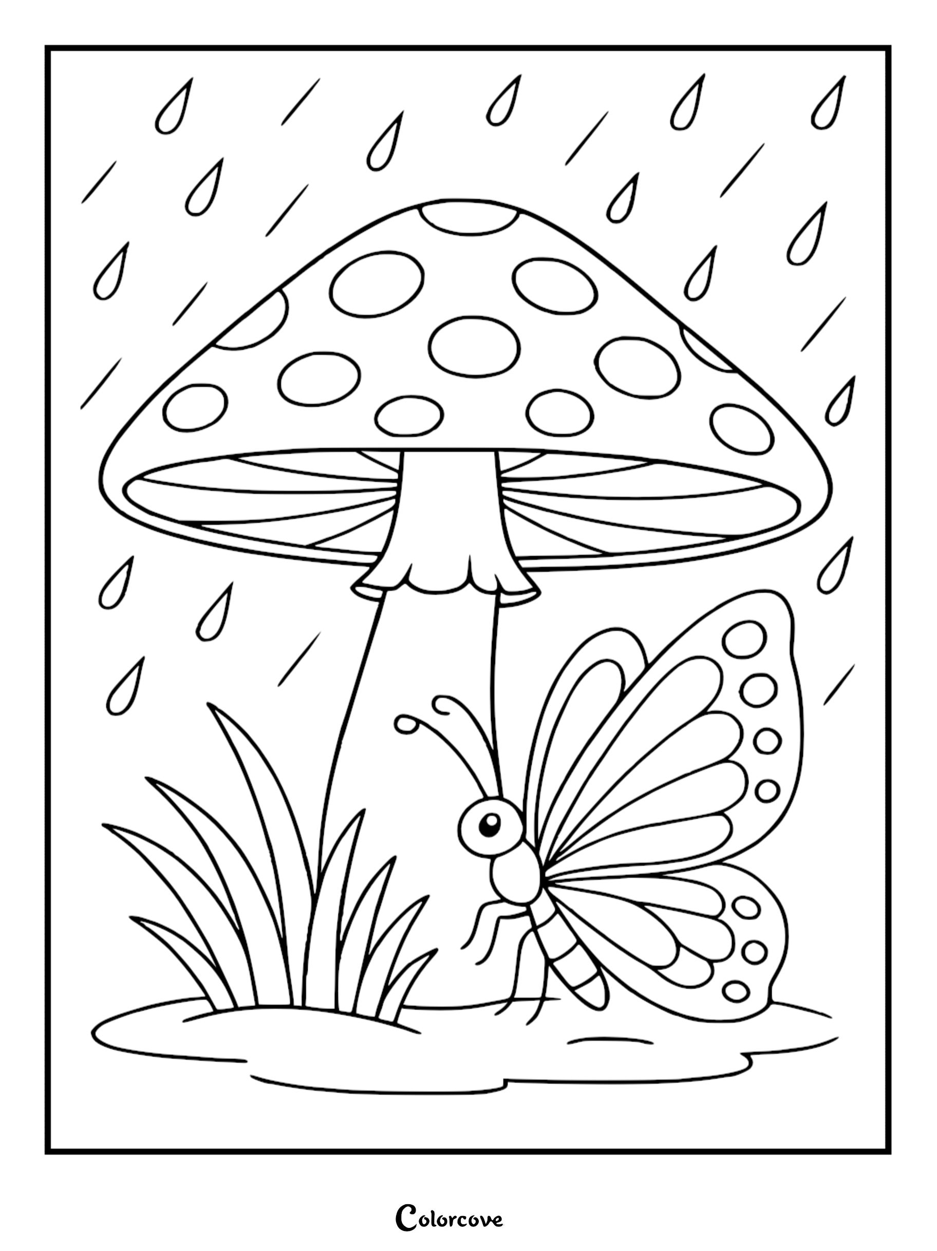 A cozy butterfly sheltering under a large spotted mushroom during a rainstorm in this printable coloring page.