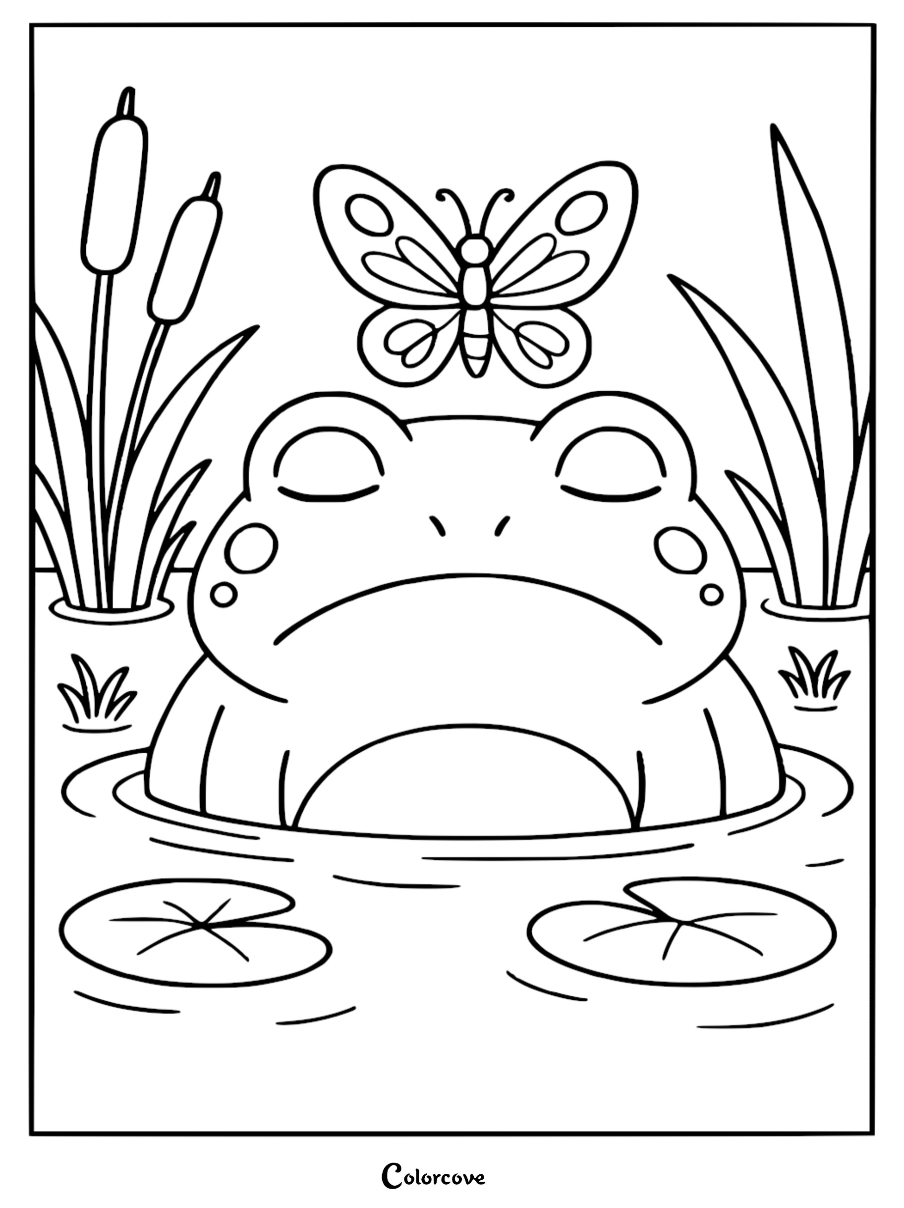 A cozy butterfly hovering above a peaceful frog resting in a pond with cattails and lily pads in this printable coloring page.