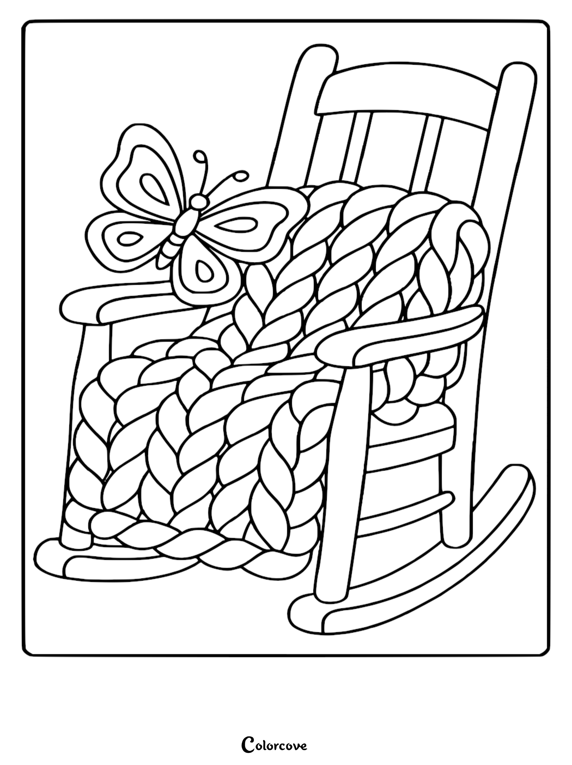 A cozy butterfly resting on a chunky knit blanket draped over a wooden rocking chair in this free printable coloring page.