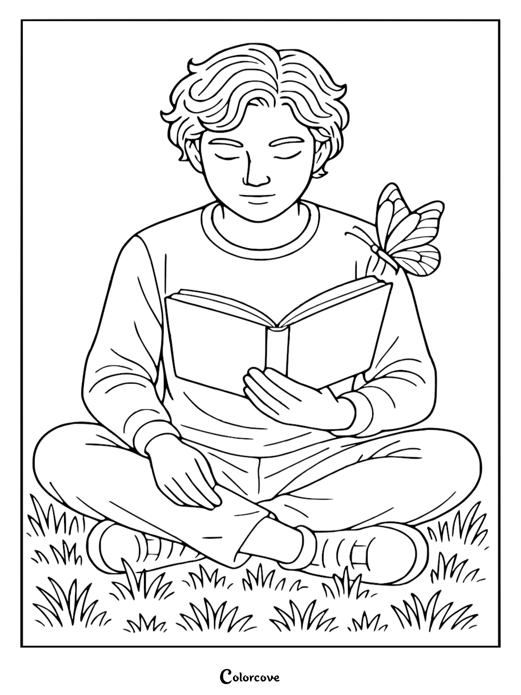 A boy with wavy hair sitting in the grass reading a book with a cozy butterfly perched on his shoulder in this printable coloring page.