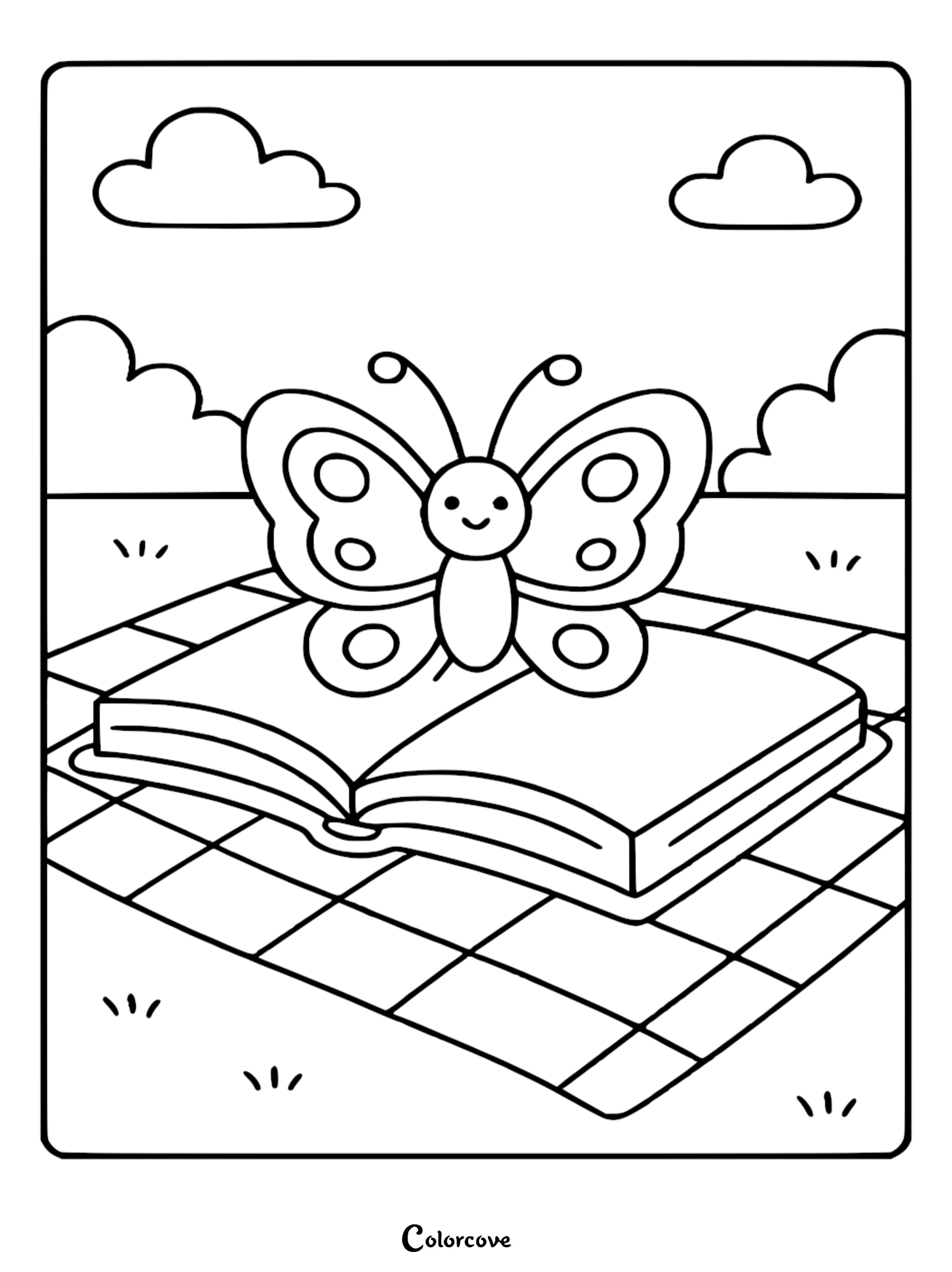 A cute cozy butterfly sitting on an open book on a picnic blanket in this free printable coloring page.