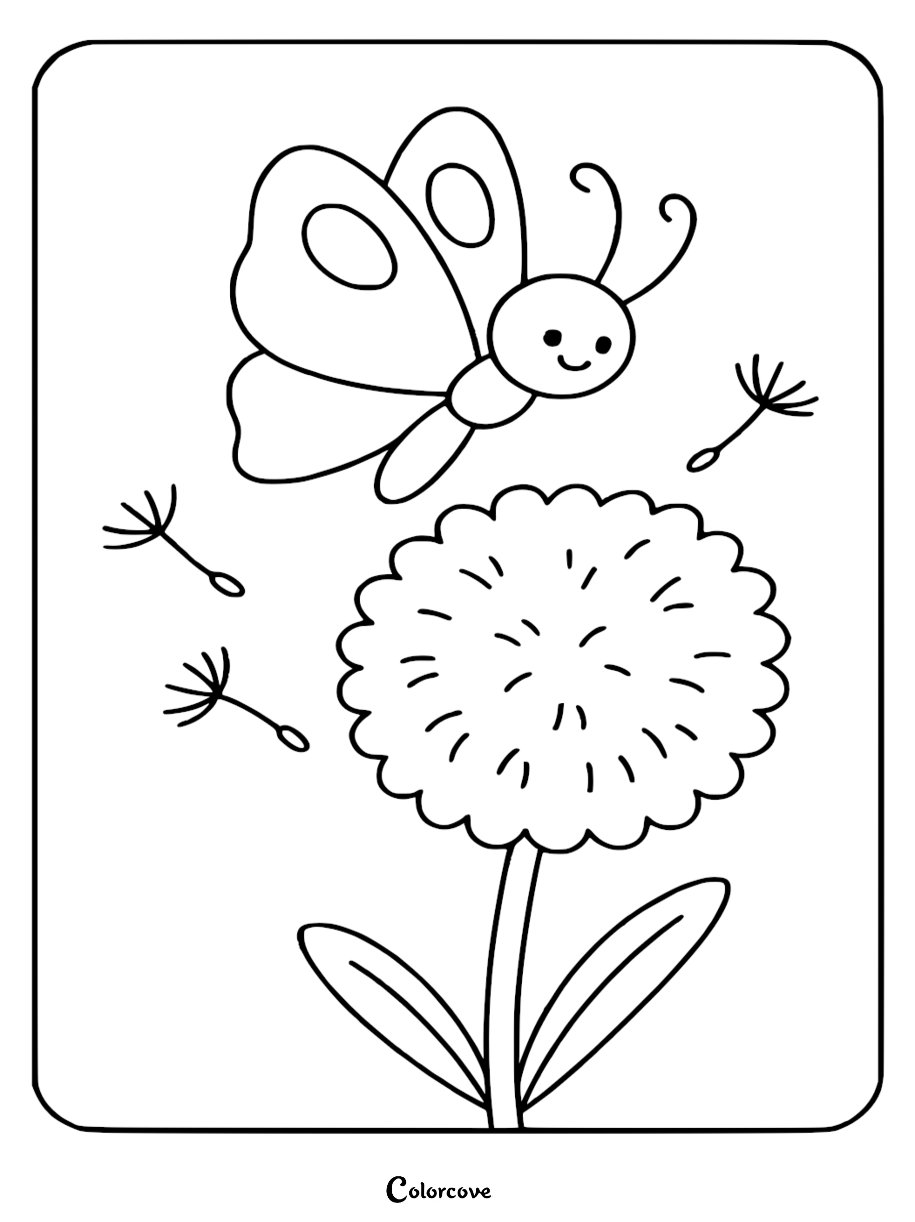 A cute cozy butterfly flying near a dandelion flower on this free printable coloring page.