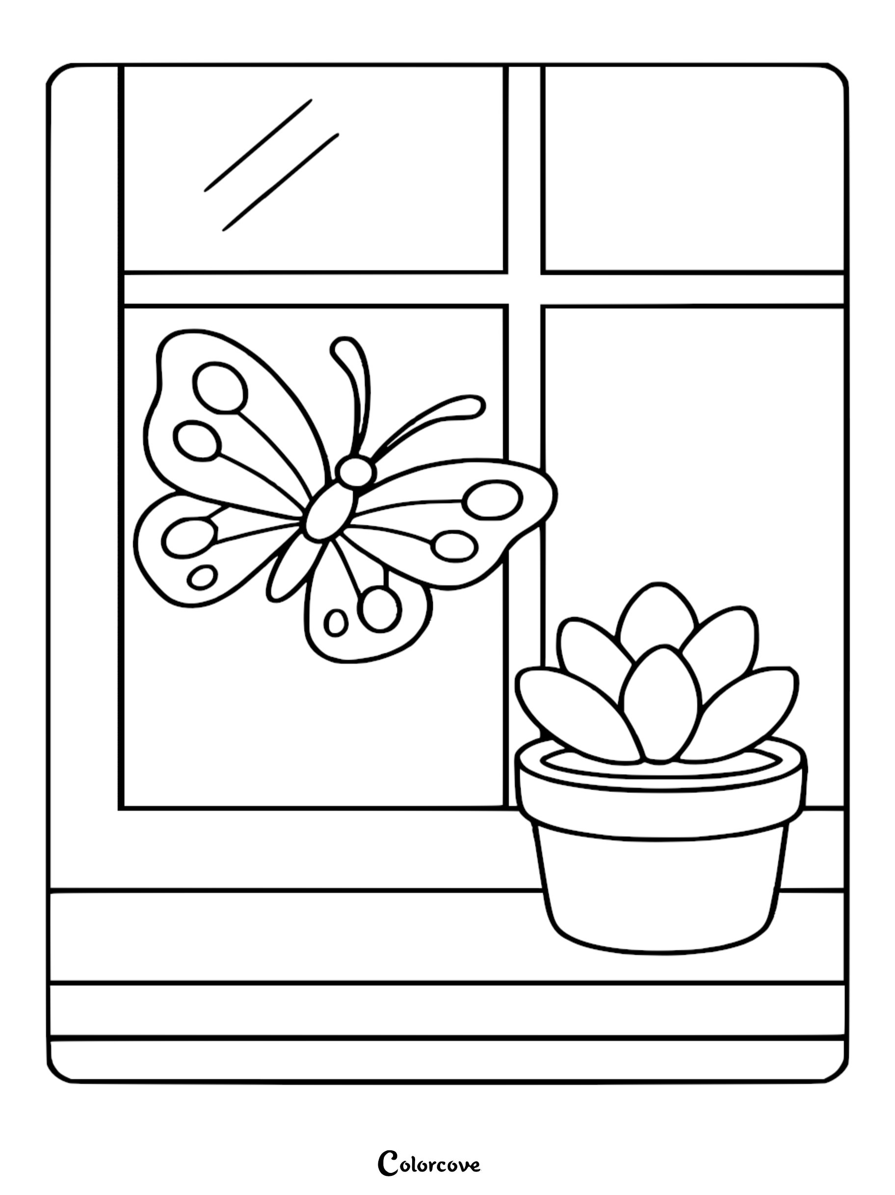 A cozy butterfly resting near a potted succulent on a windowsill in this printable coloring page.