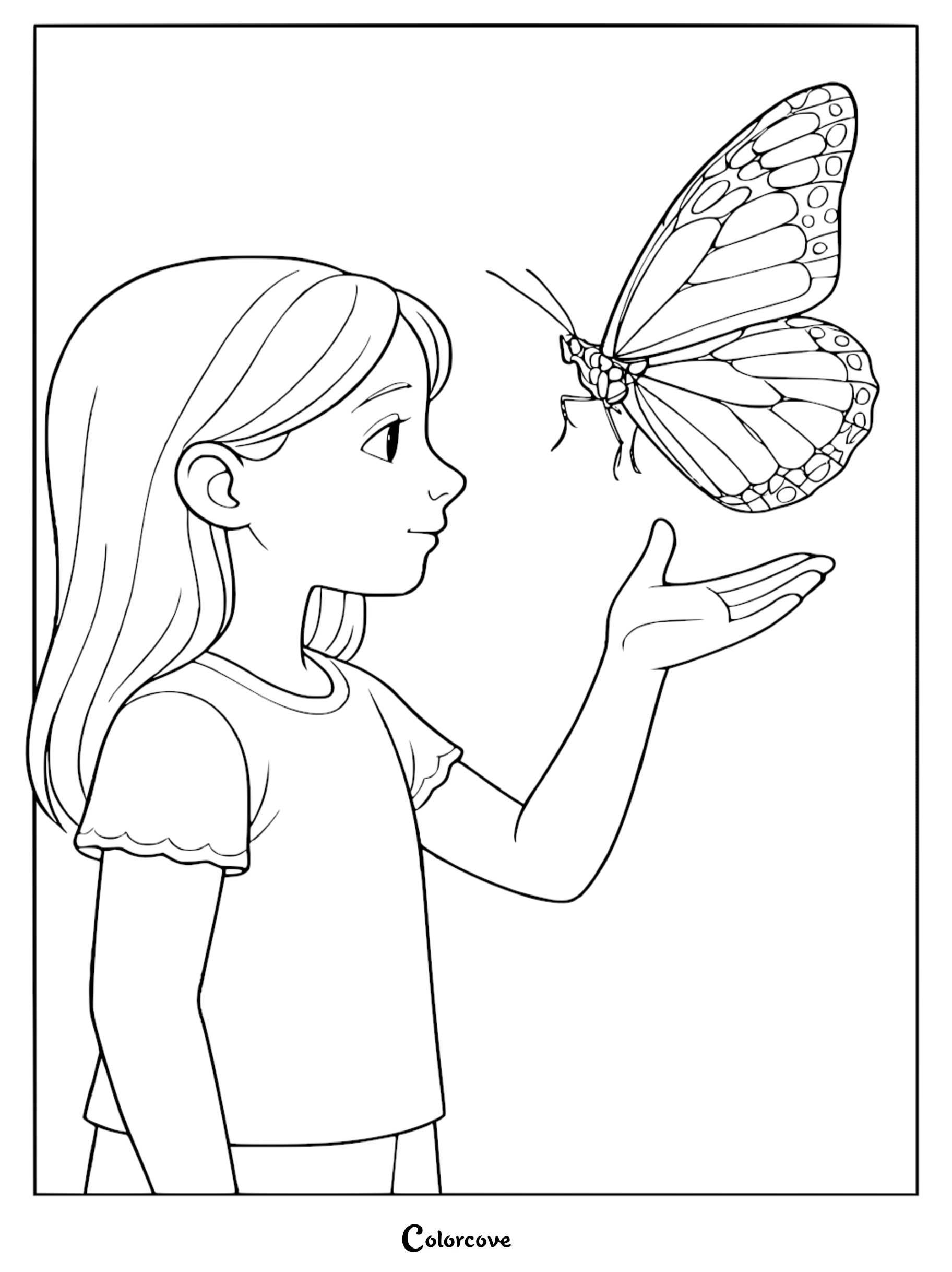 A young girl with long hair looking at a large butterfly hovering above her hand in this printable coloring page.