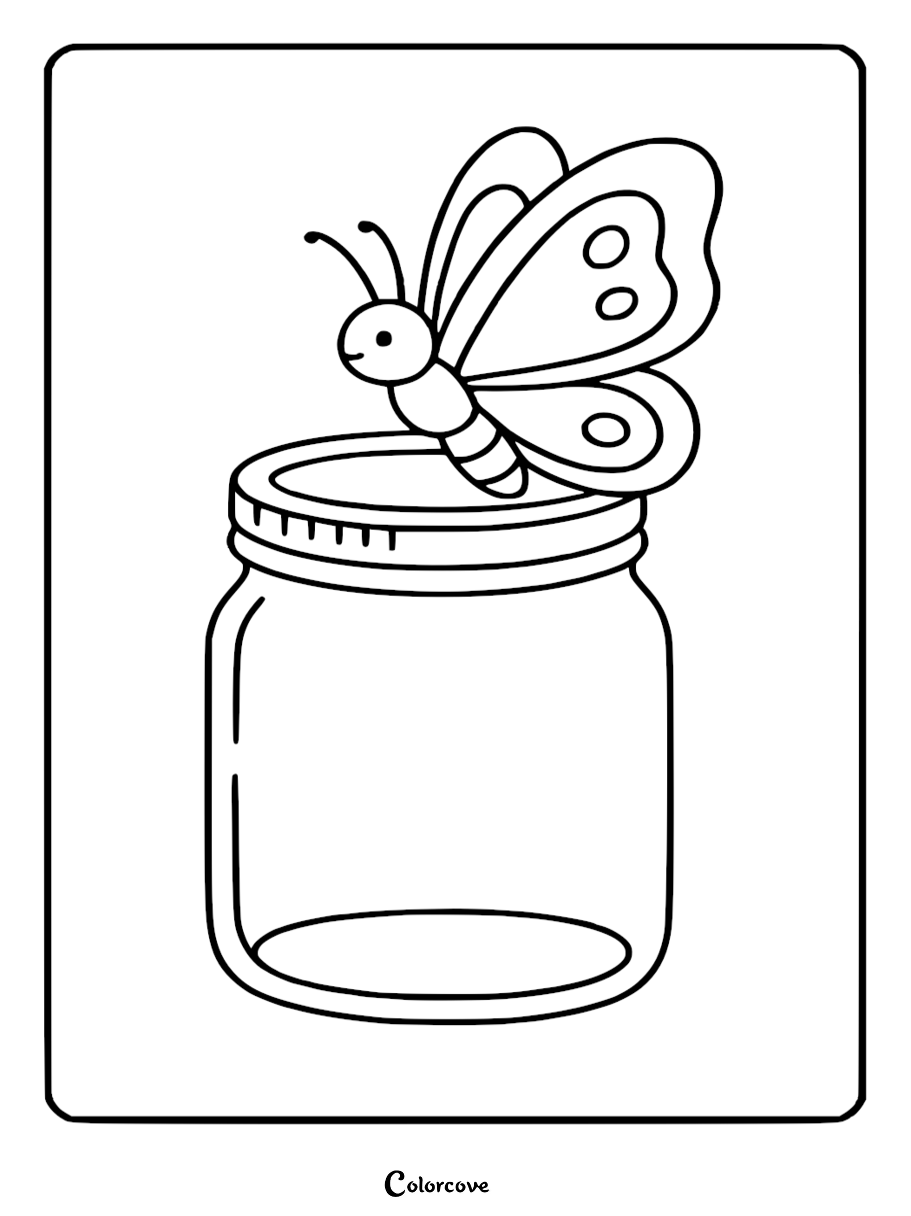 A cute cozy butterfly perched on the rim of a glass mason jar in this printable coloring page.