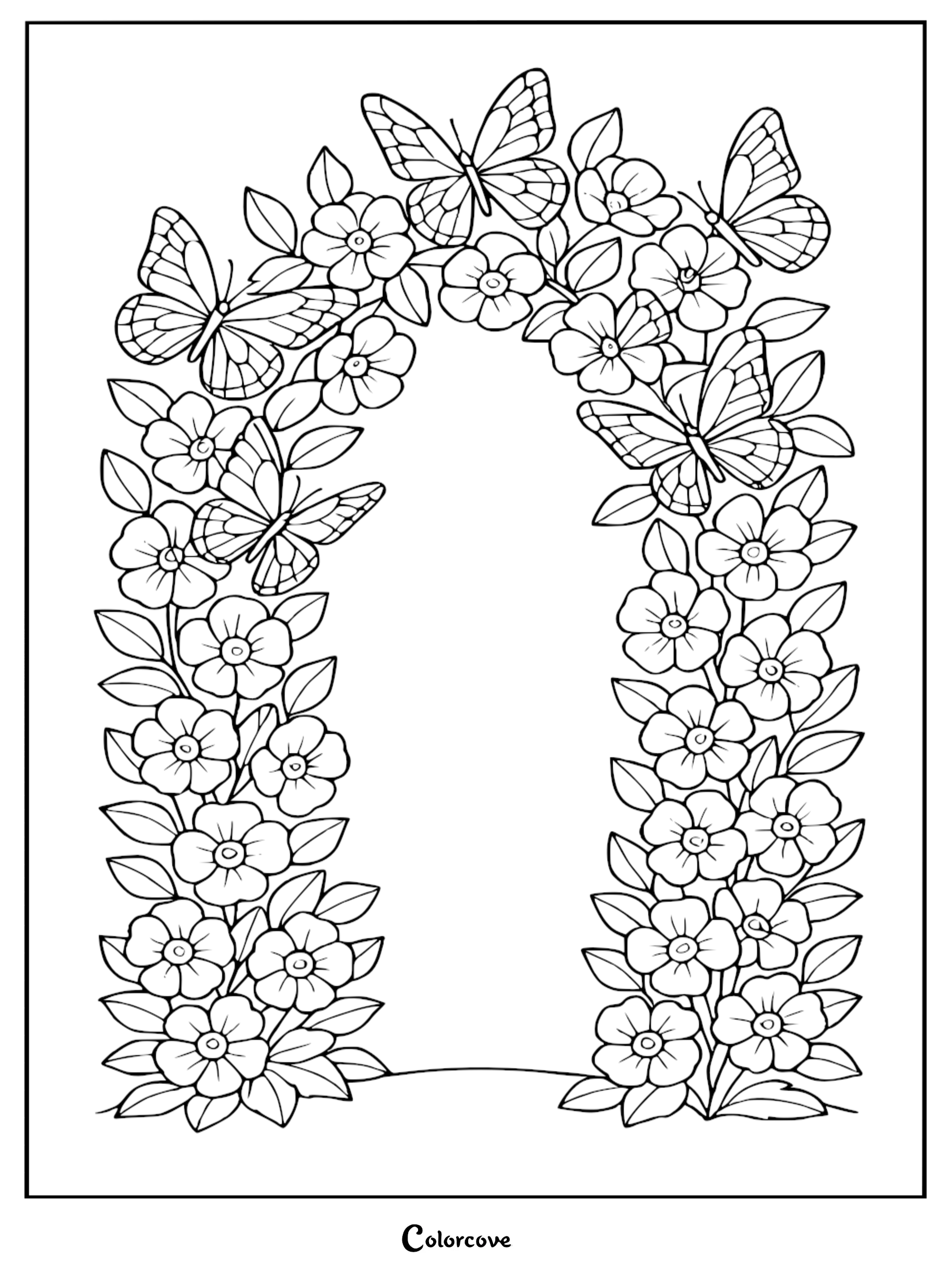 Cozy Butterfly coloring page featuring four butterflies resting on a floral archway made of blooming flowers and leaves.