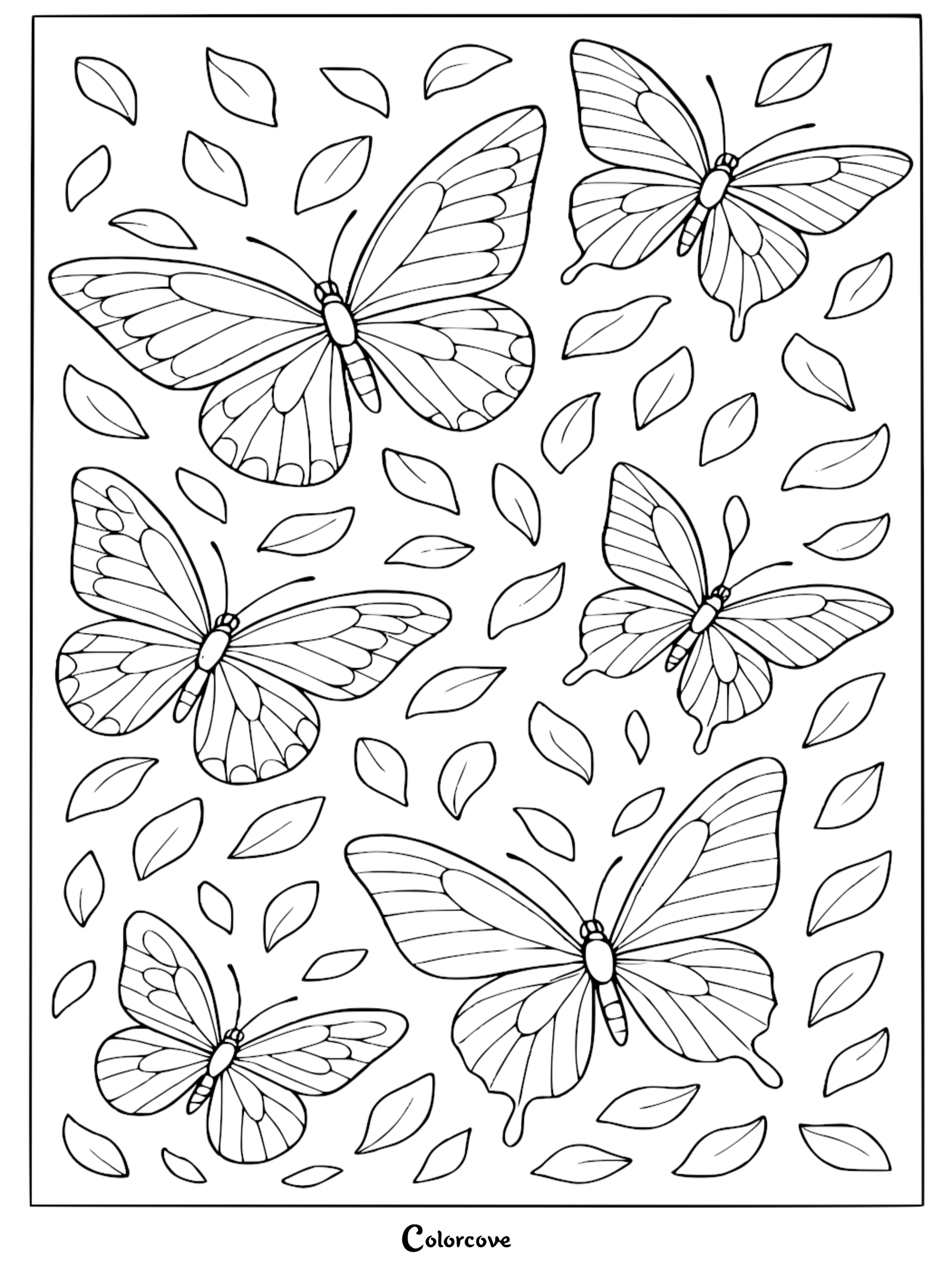 Four detailed butterflies surrounded by falling leaves in this cozy butterfly coloring page.