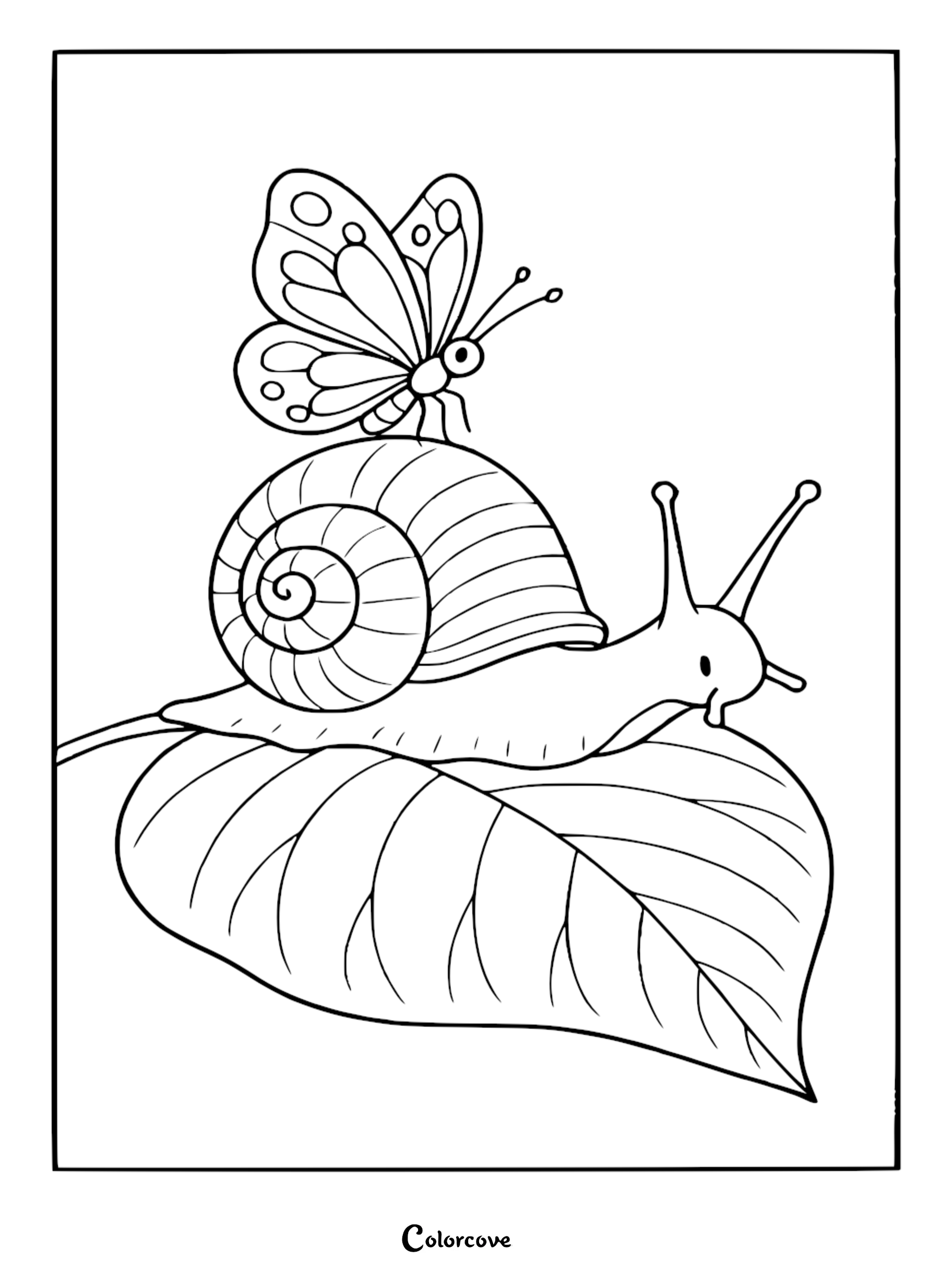 A cozy butterfly resting on a snail shell atop a leaf in this printable coloring page.