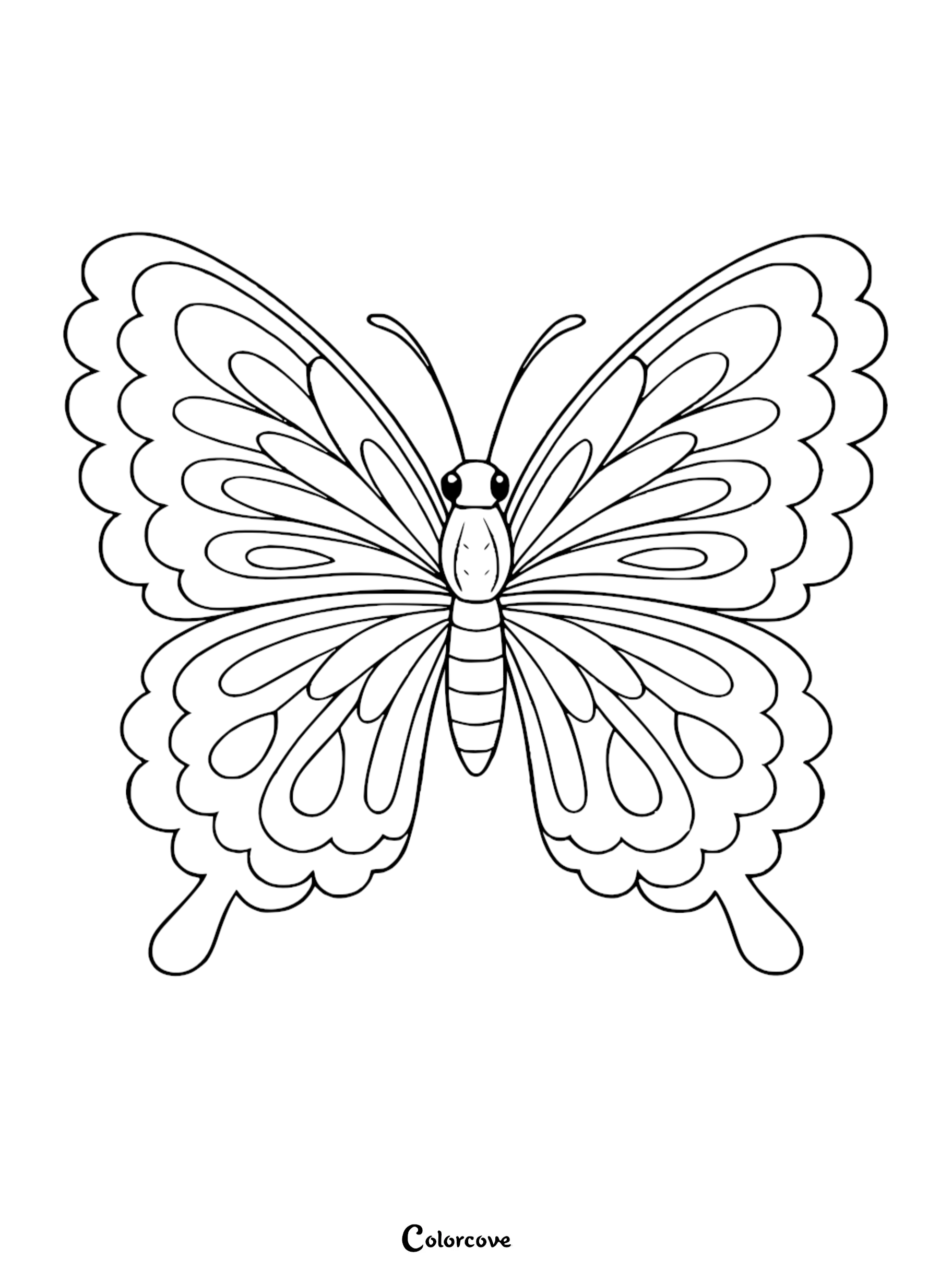 A detailed line art coloring page featuring a symmetrical cozy butterfly with intricate wing patterns and scalloped edges.