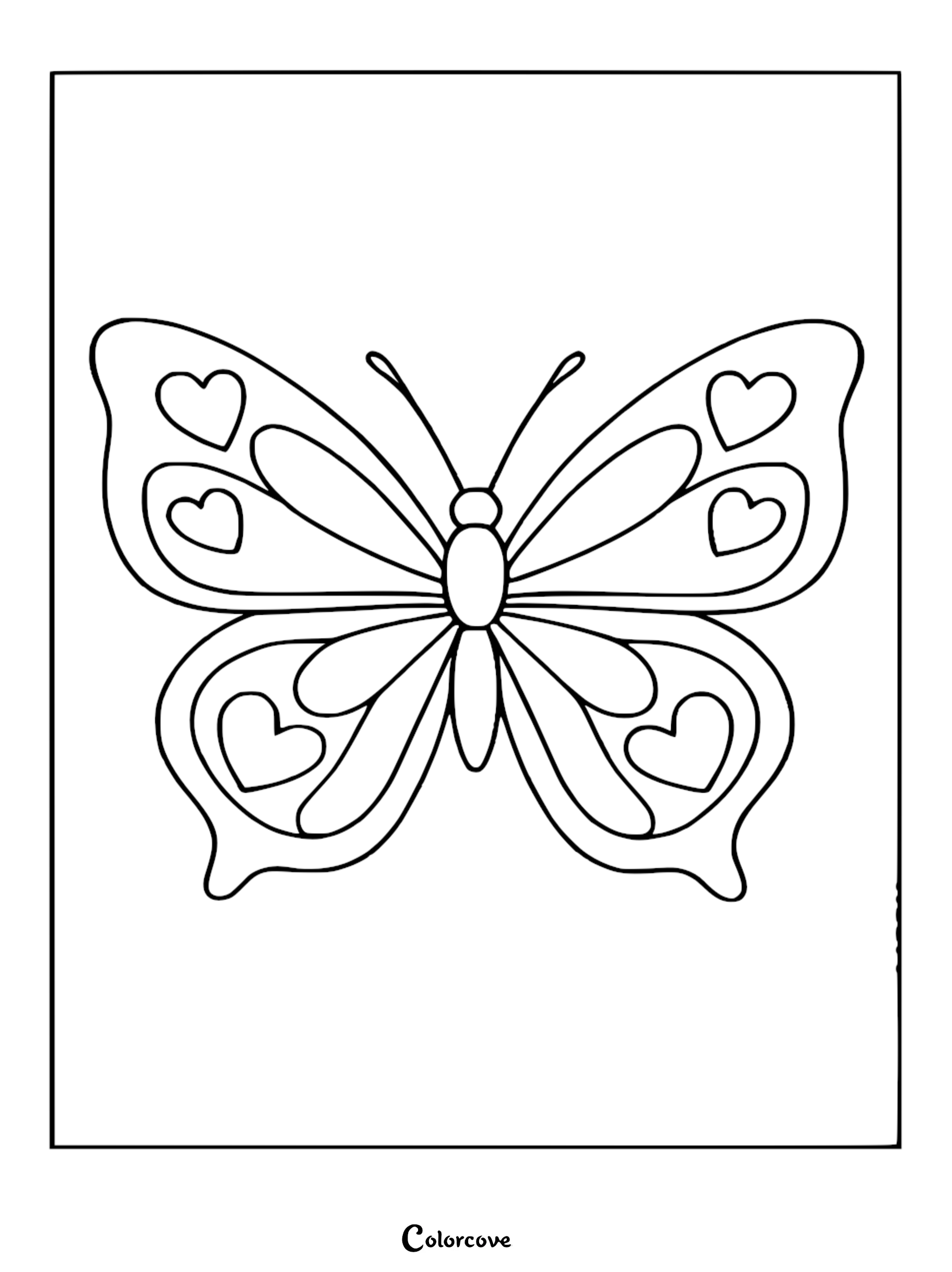 A simple line art coloring page featuring a cozy butterfly with heart-shaped patterns on its wings.