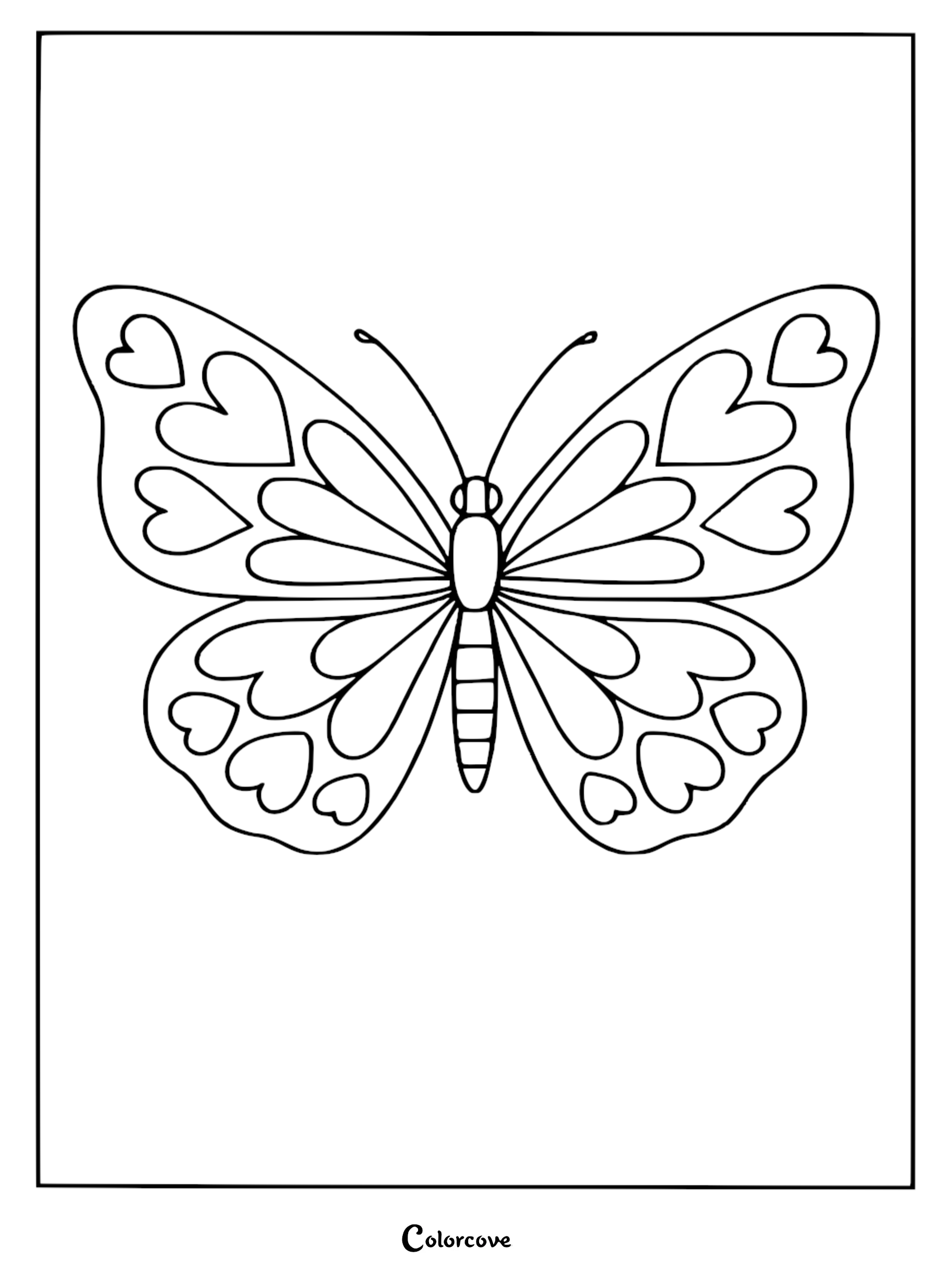 A printable coloring page featuring a cozy butterfly with heart-shaped patterns on its wings.