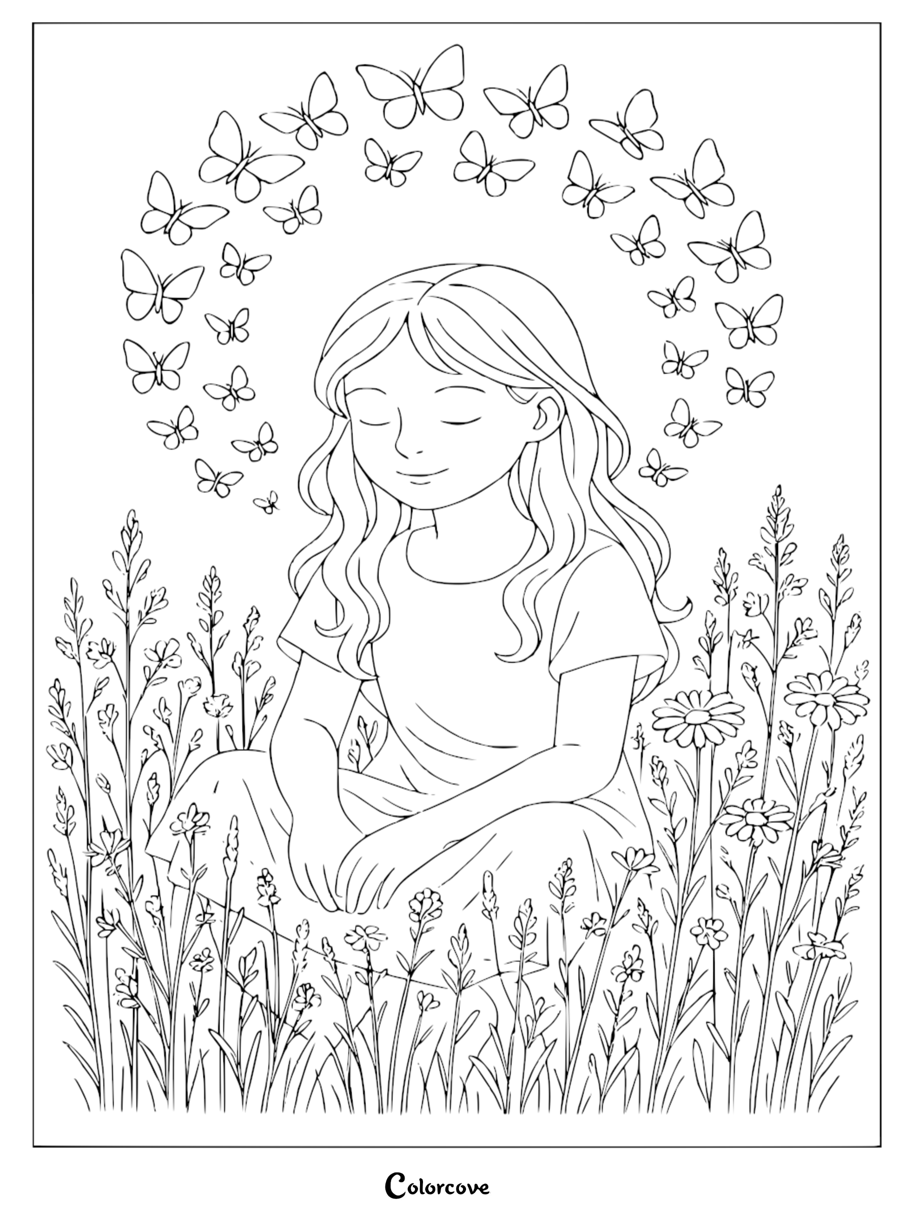 A girl sitting peacefully in a field of wildflowers surrounded by a circle of butterflies in this free printable cozy butterfly coloring page.