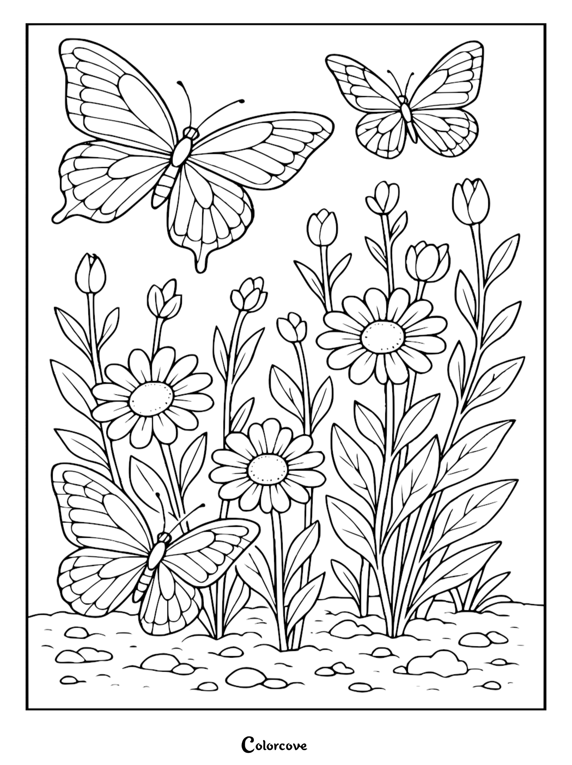 Cozy Butterfly coloring page featuring two butterflies flying above a garden of daisies and tulips.