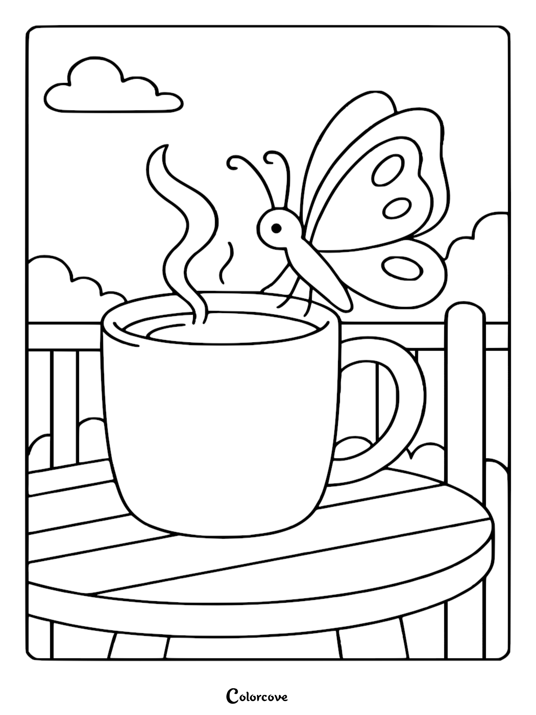 A cozy butterfly perched on the rim of a steaming mug on a table, coloring page.