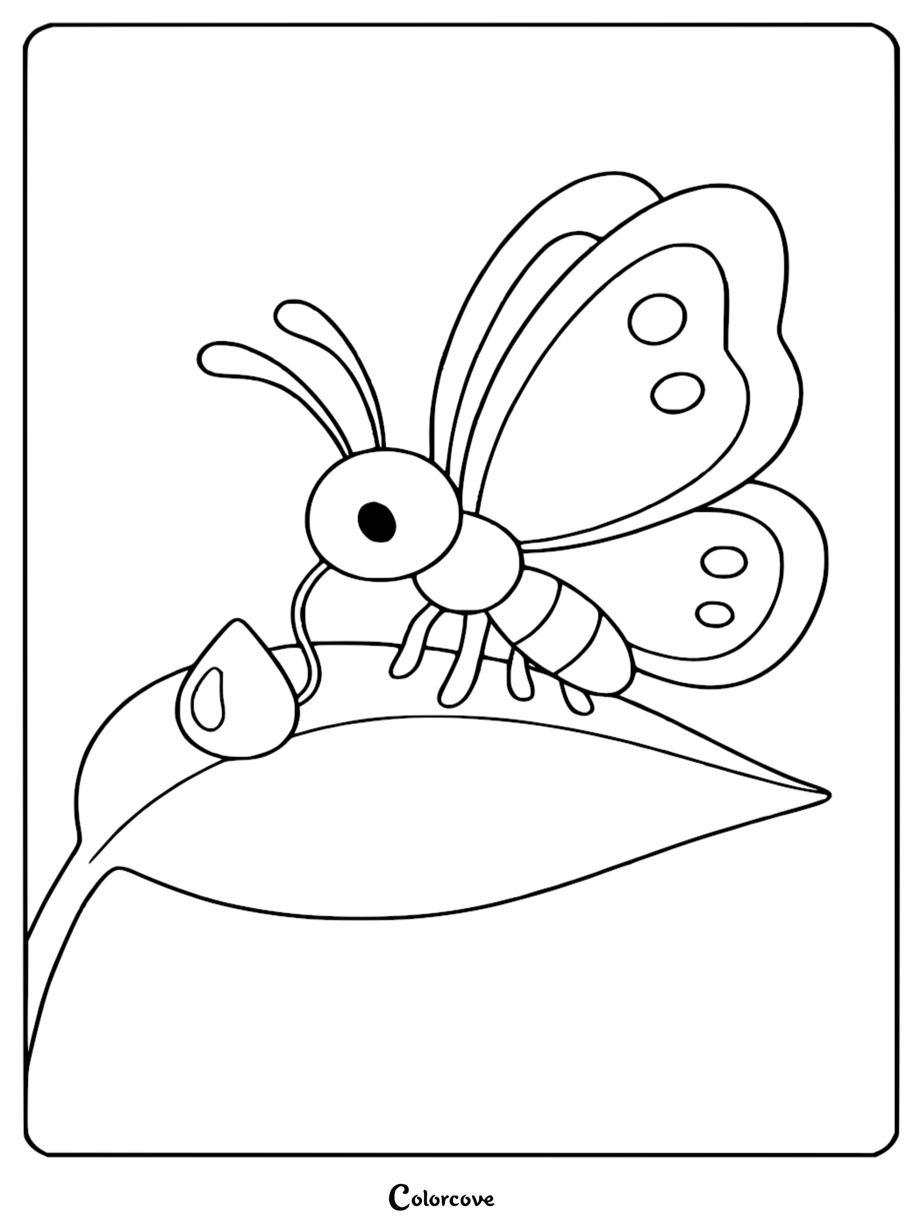 A cozy butterfly drinking a water droplet from a leaf in this free printable coloring page.