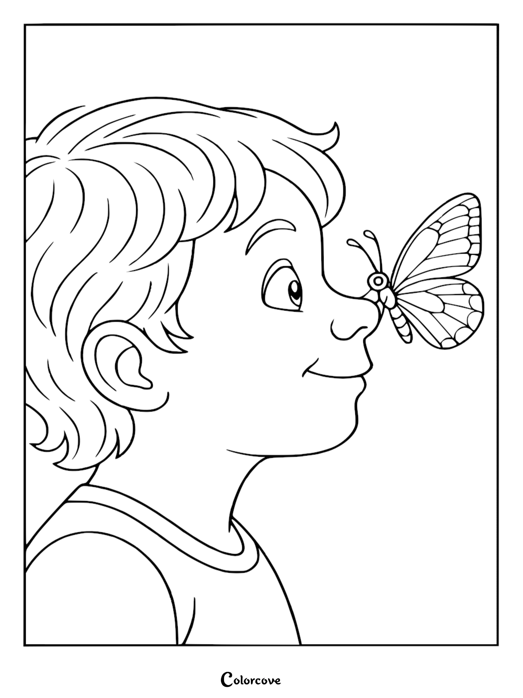 A young boy smiling with a cozy butterfly resting on his nose in this printable coloring page.