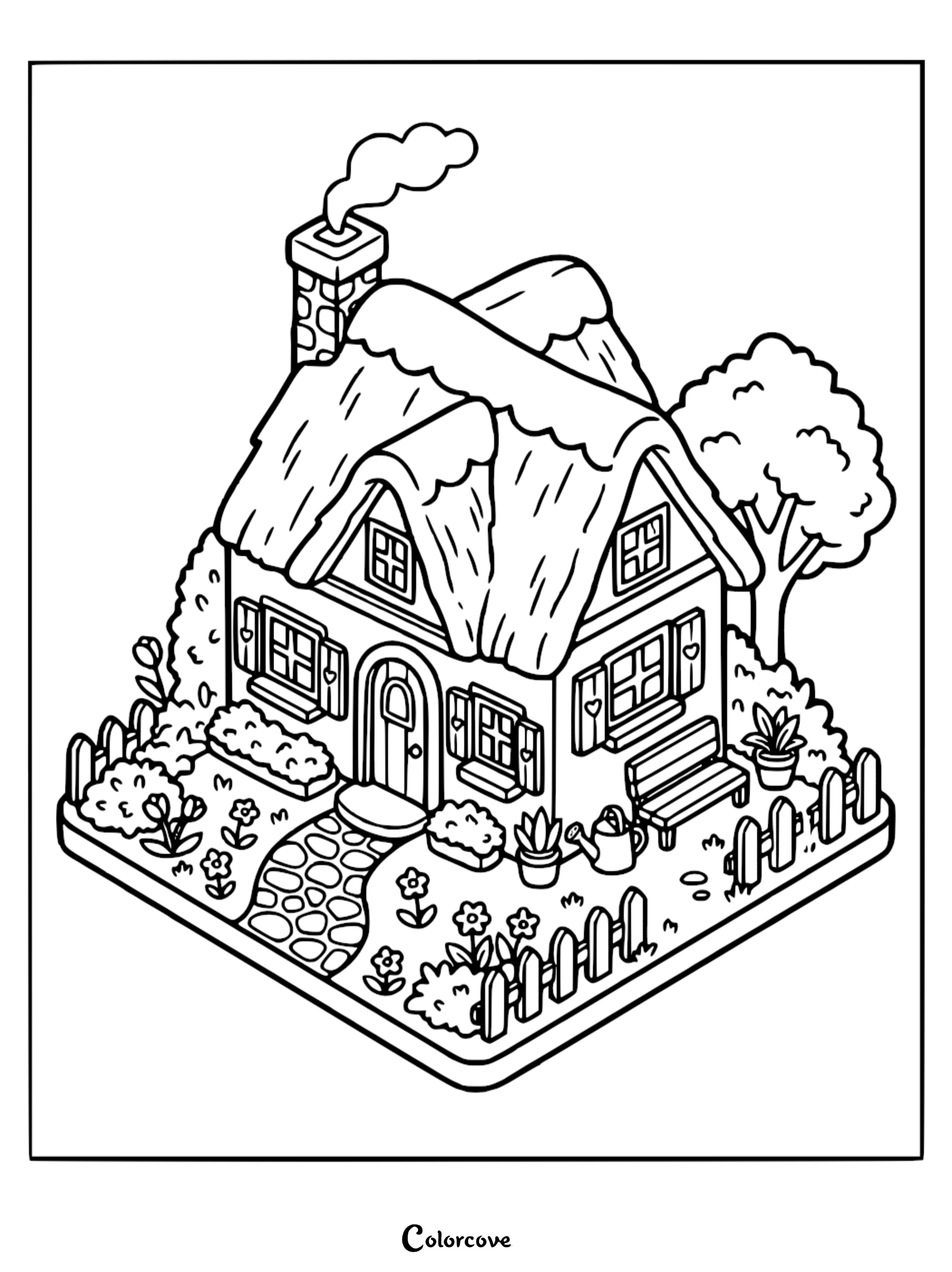 A printable cozy cottage coloring page featuring a thatched roof house with a smoking chimney, stone path, garden flowers, and a picket fence.