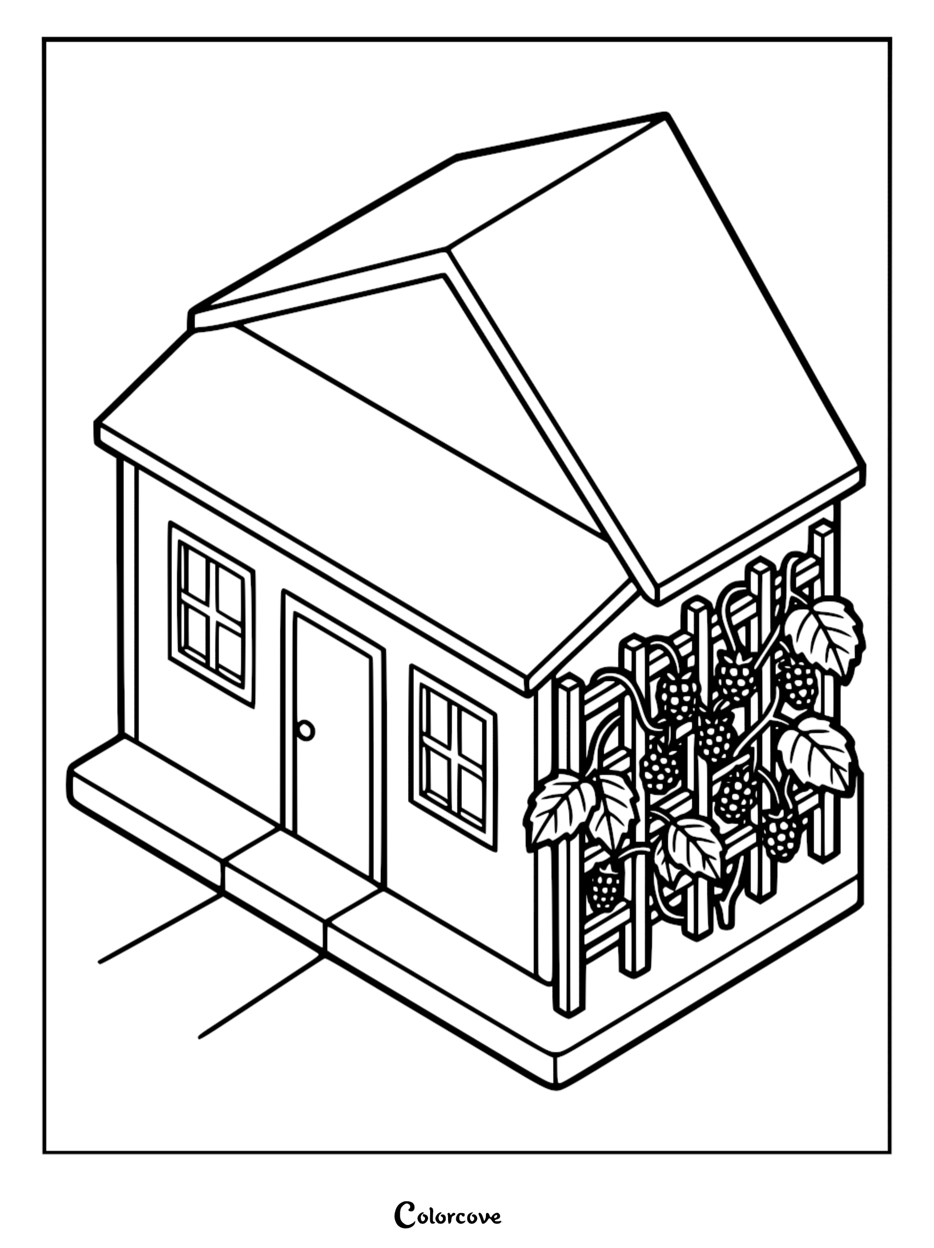 A cozy cottage coloring page featuring a small house with a blackberry vine growing on a wooden trellis.