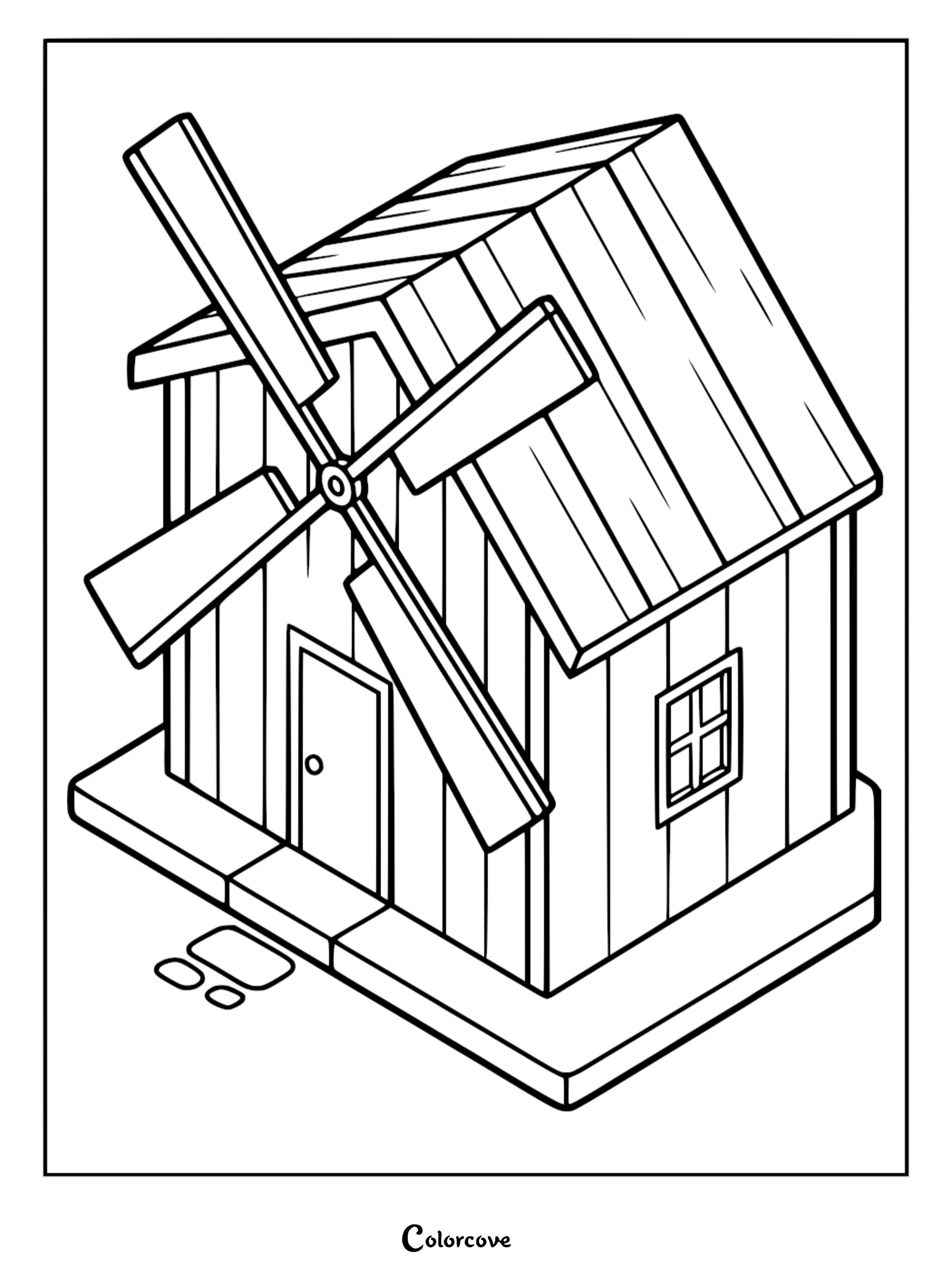 A printable coloring page featuring a cozy cottage windmill with wooden planks and a small window.