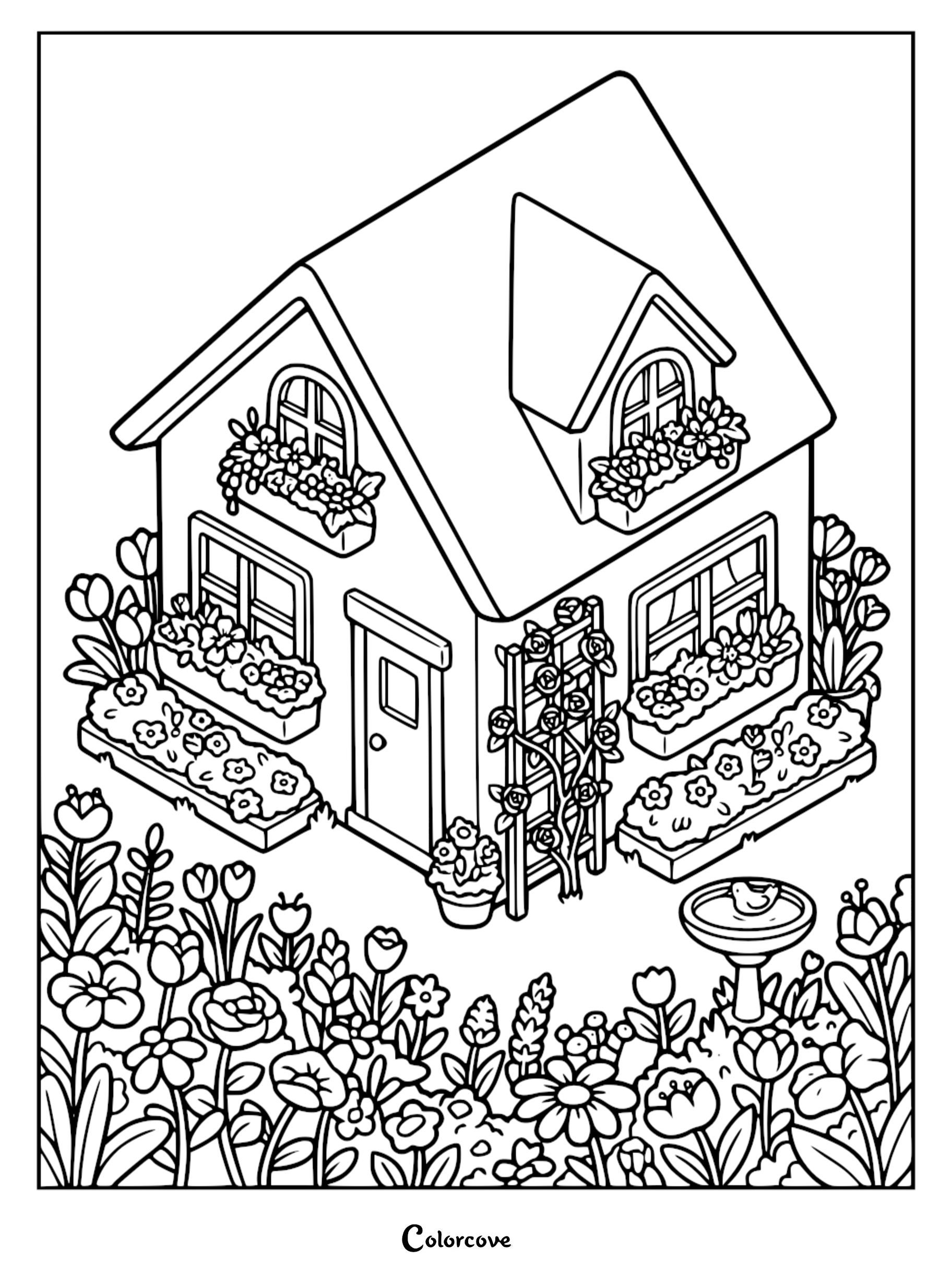 A cozy cottage coloring page featuring a house with flower boxes, a rose trellis, and a birdbath in a lush garden.