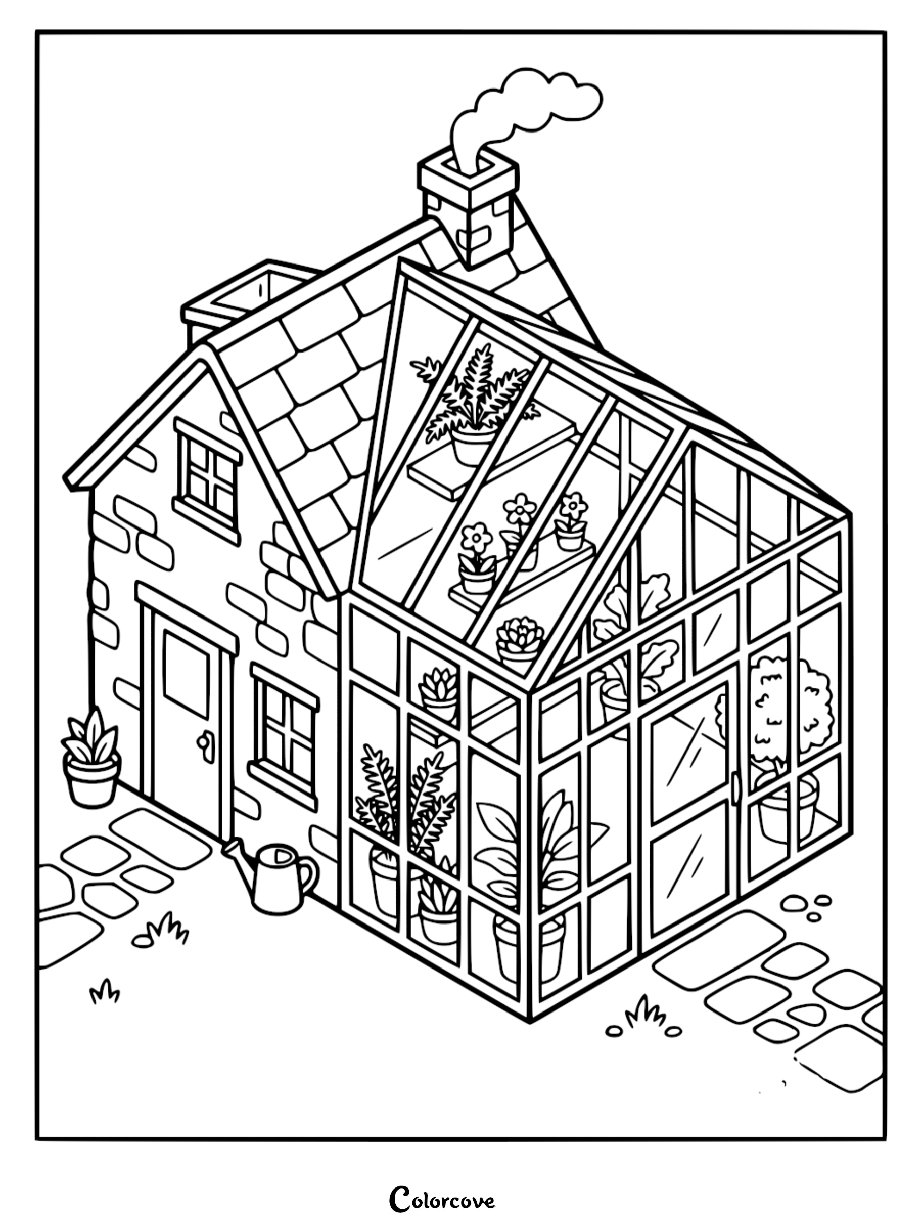 Isometric view of a cozy cottage with an attached glass greenhouse filled with potted plants, featuring a smoking chimney and stone path, printable coloring page.