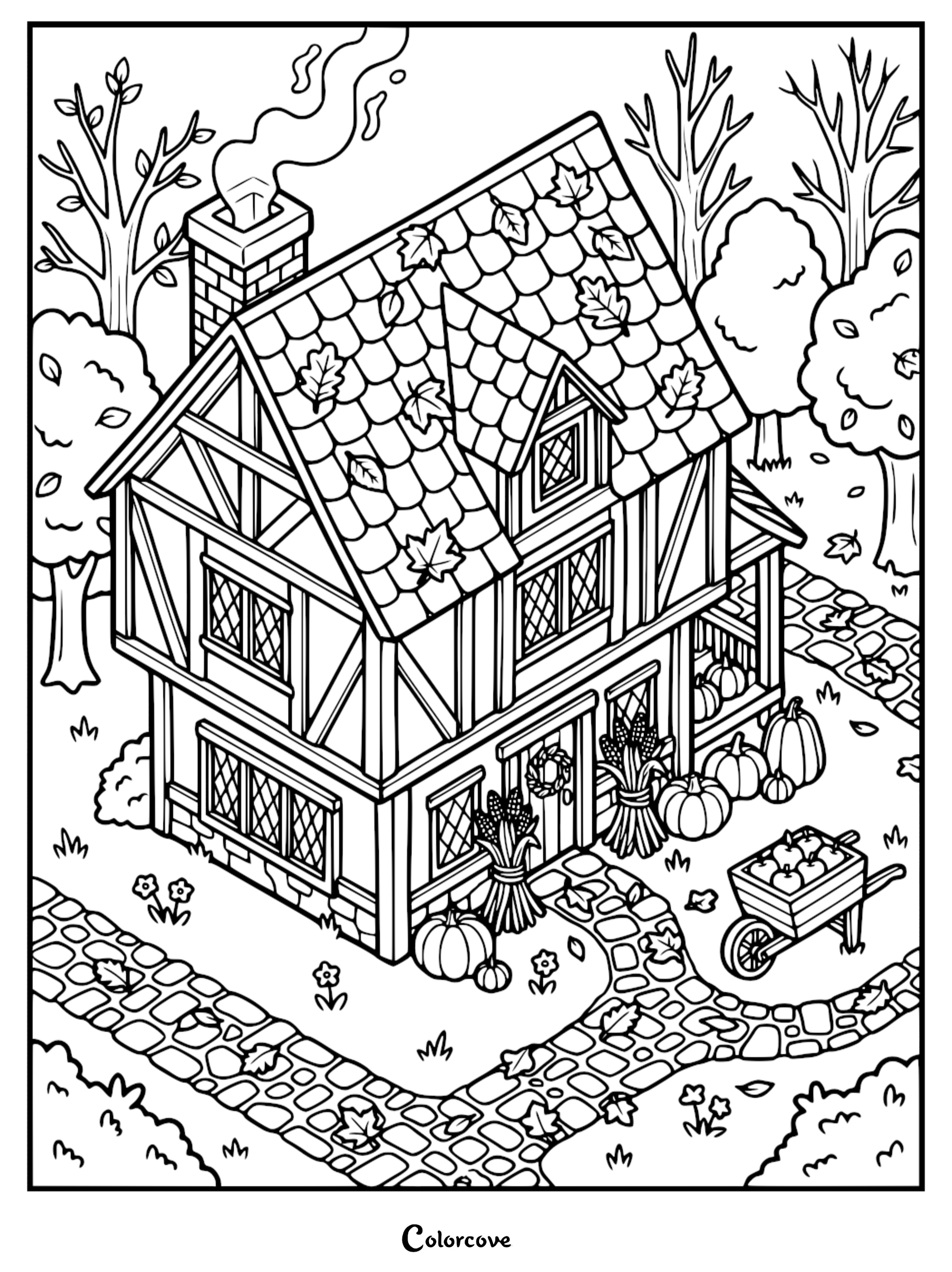 A cozy cottage coloring page featuring a timber-framed house with a smoking chimney, surrounded by autumn leaves, pumpkins, and a wheelbarrow on a stone path.