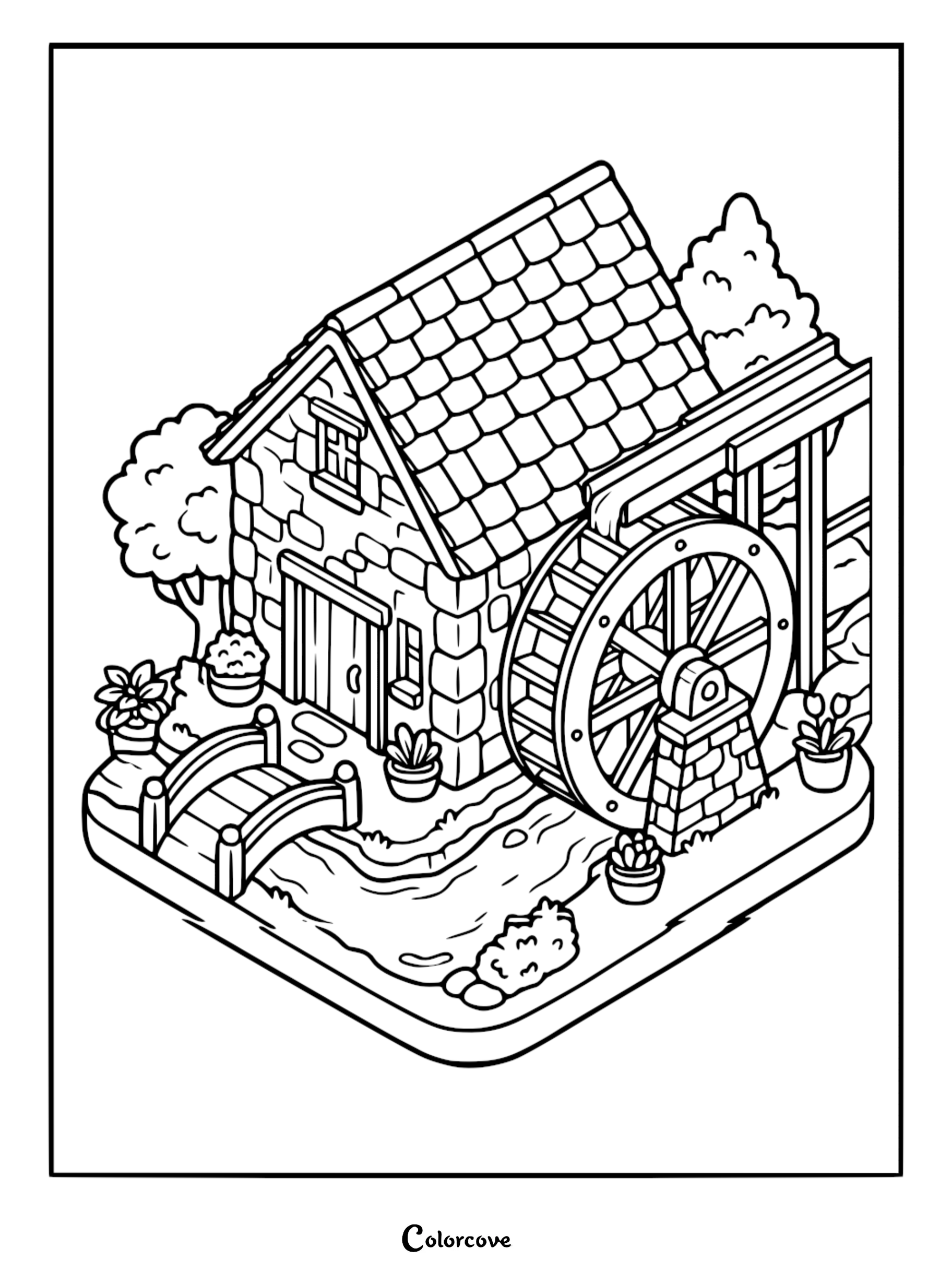Isometric cozy cottage coloring page featuring a stone house with a large water wheel, a small wooden bridge, and a flowing stream.