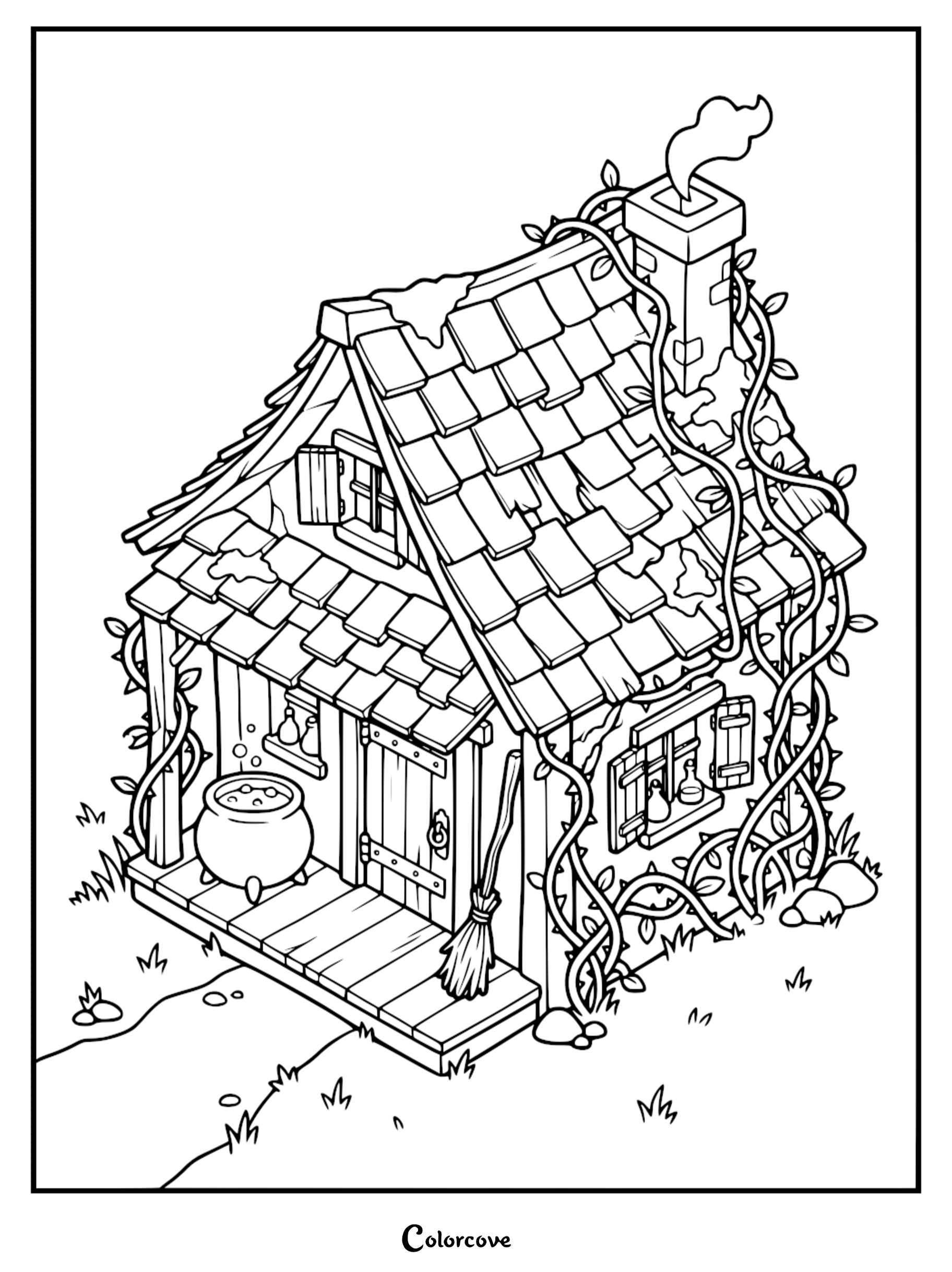 A cozy cottage coloring page featuring a vine-covered house with a smoking chimney, a bubbling cauldron, and a broom on the porch.