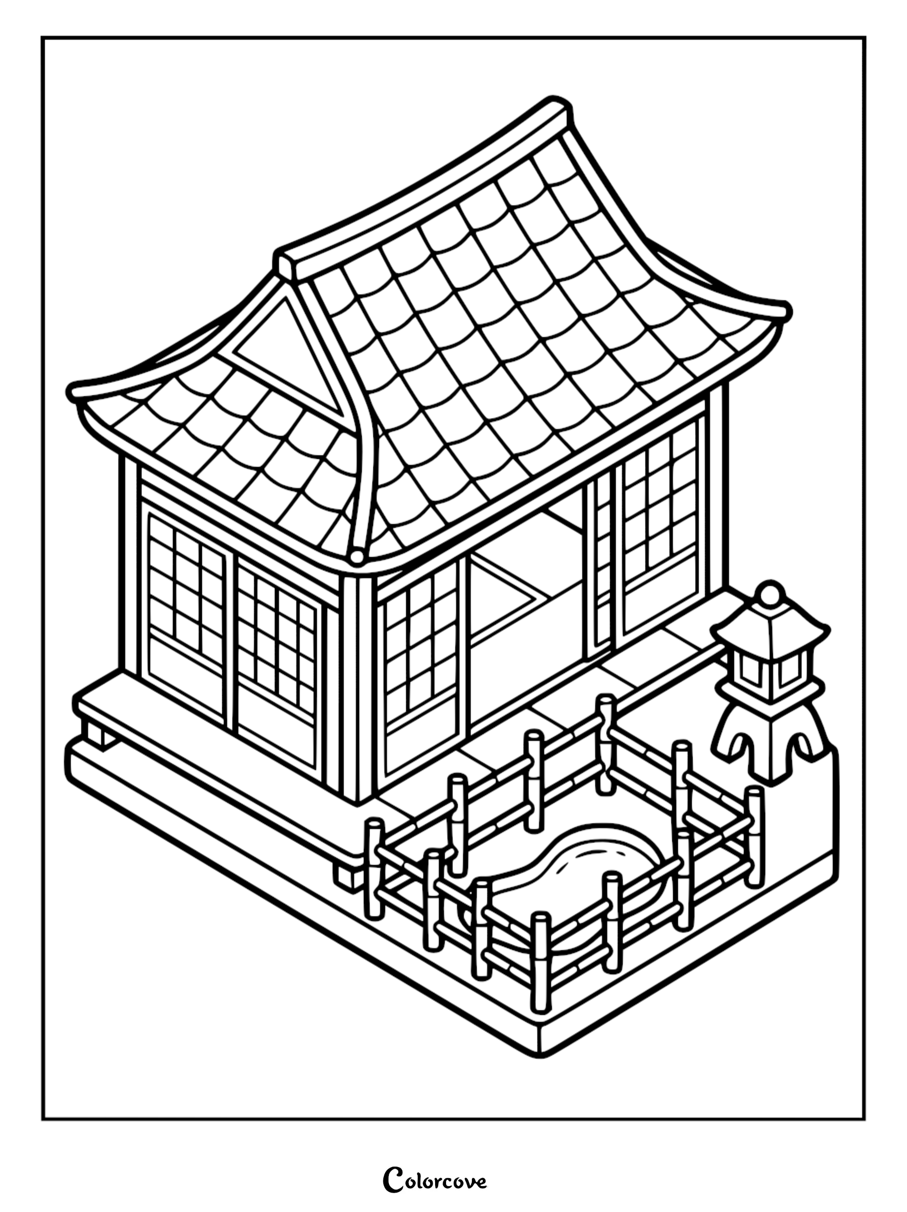 A printable coloring page featuring a cozy cottage with a traditional Japanese-style roof, sliding doors, a small fenced garden pond, and a stone lantern.
