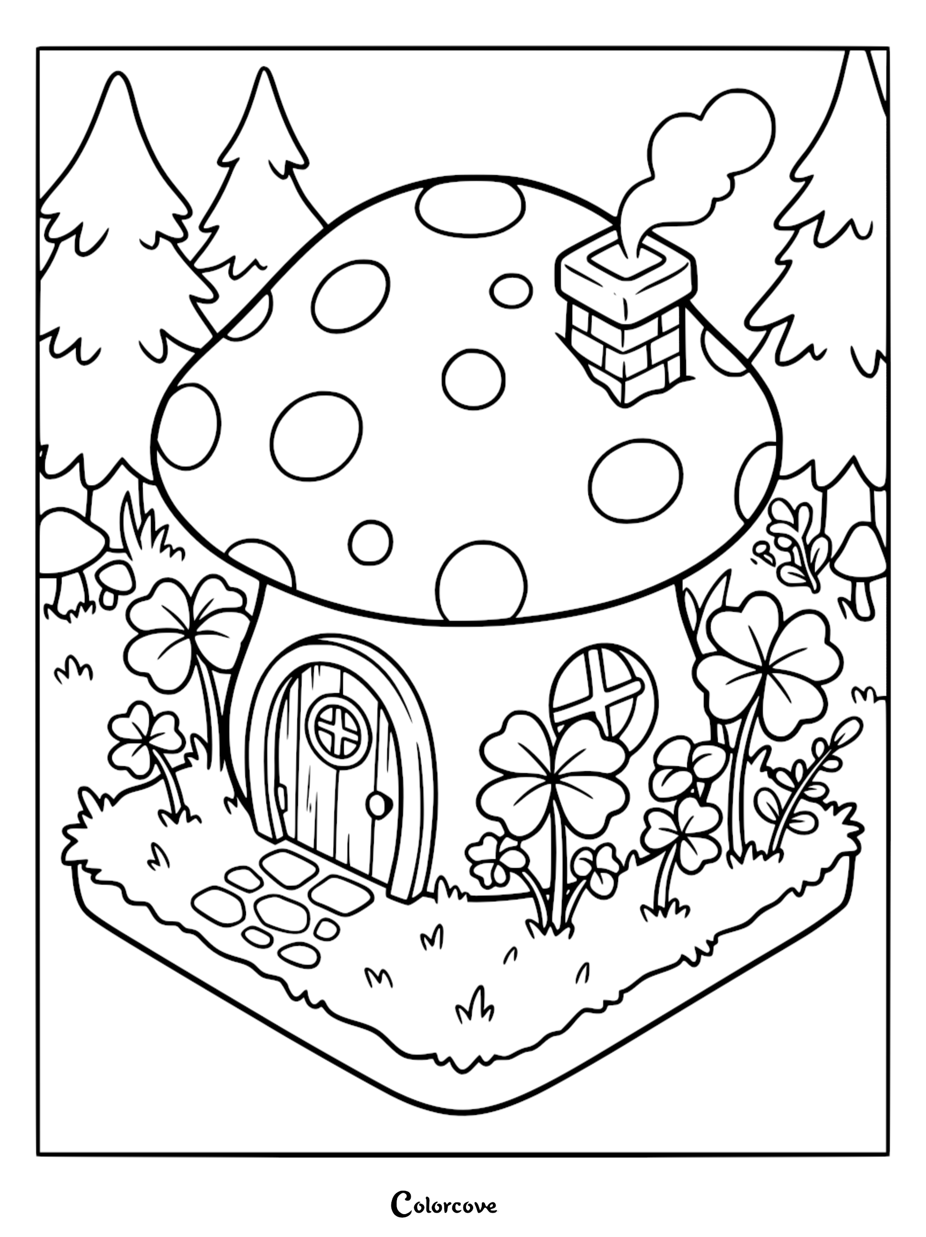 A cozy cottage shaped like a mushroom with a smoking chimney, surrounded by clover and pine trees in this free printable coloring page.