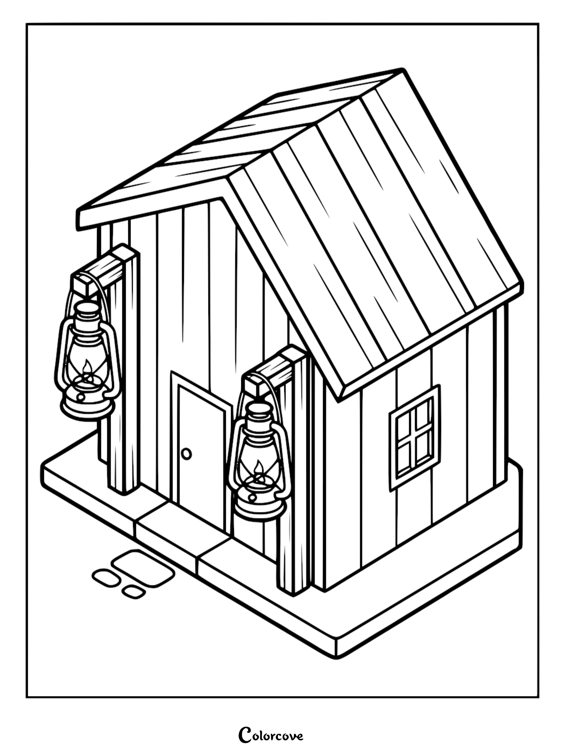 A cozy cottage coloring page featuring a small wooden cabin with two hanging lanterns on the front porch.