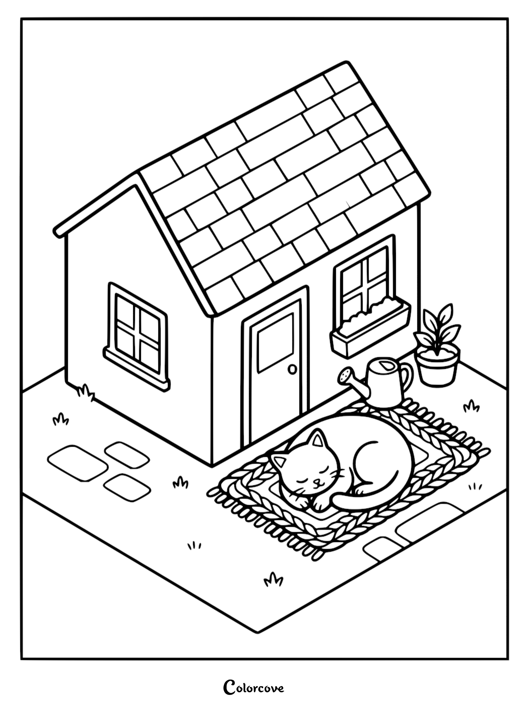 A cat sleeping on a braided rug outside a cozy cottage with a watering can and potted plant, printable coloring page.