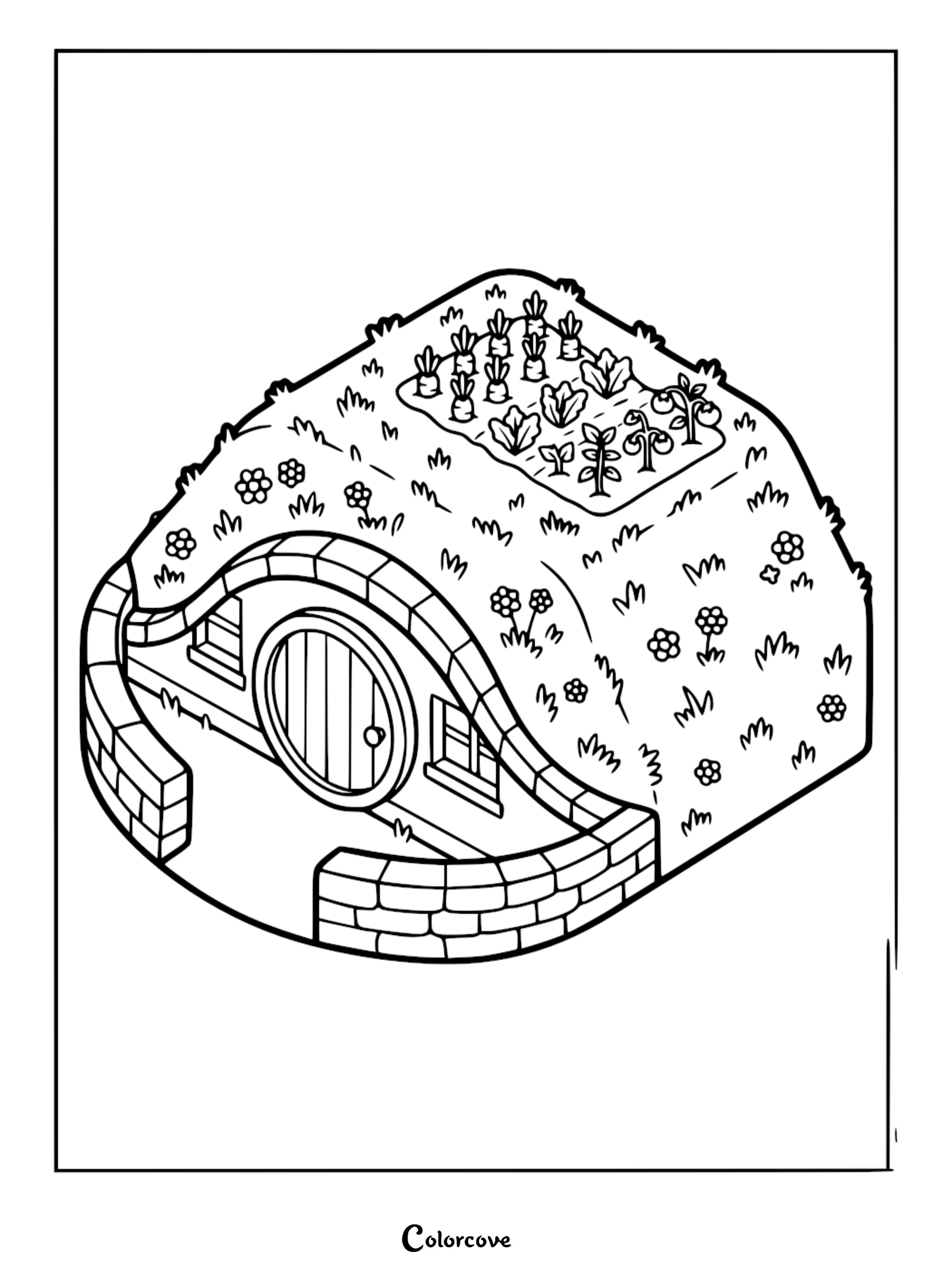 Cozy cottage coloring page featuring an earth-sheltered home with a vegetable garden on the roof and a round wooden door.