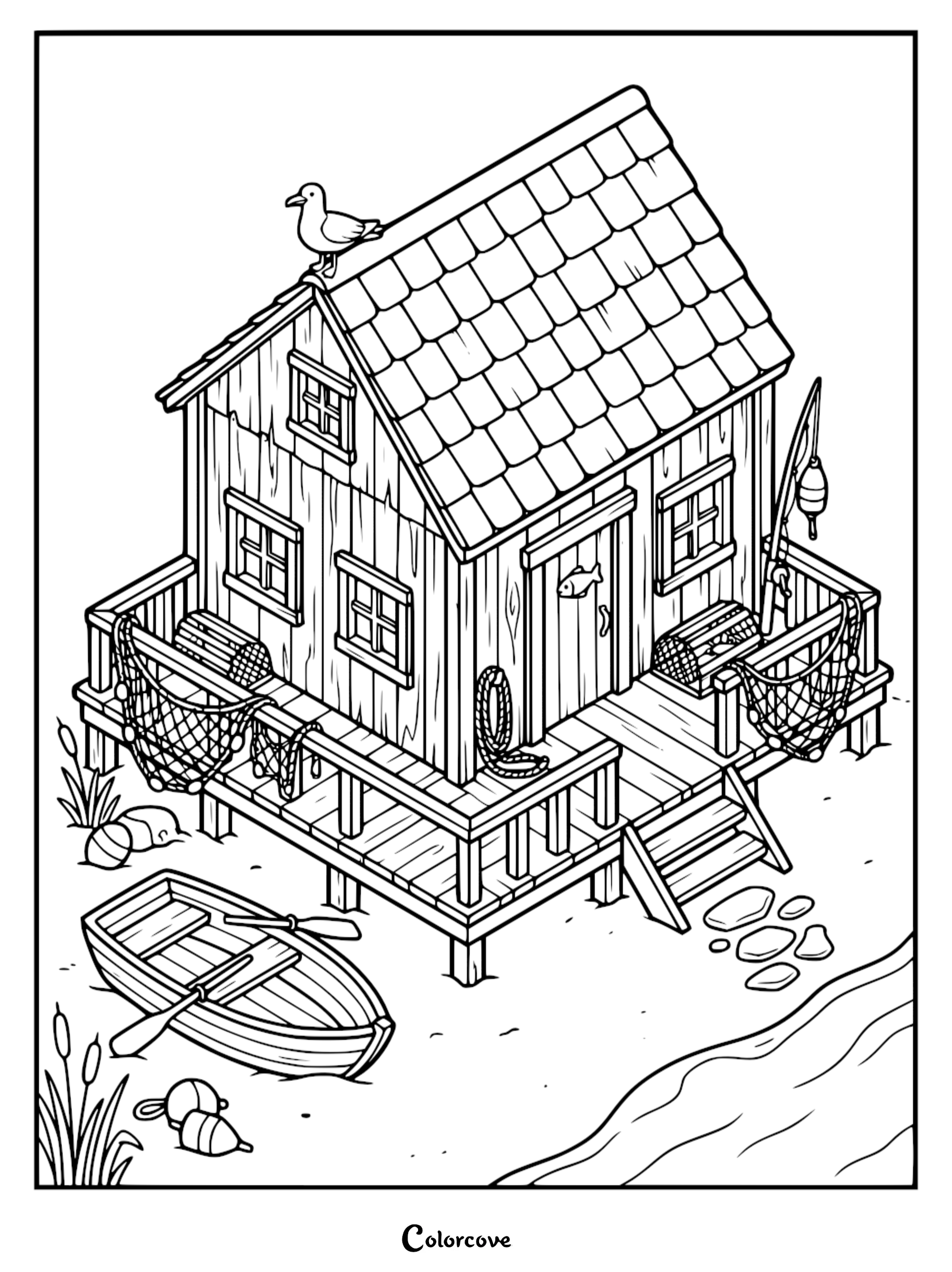 A printable coloring page featuring a cozy cottage on stilts by the water, complete with a rowboat, fishing nets, and a seagull on the roof.