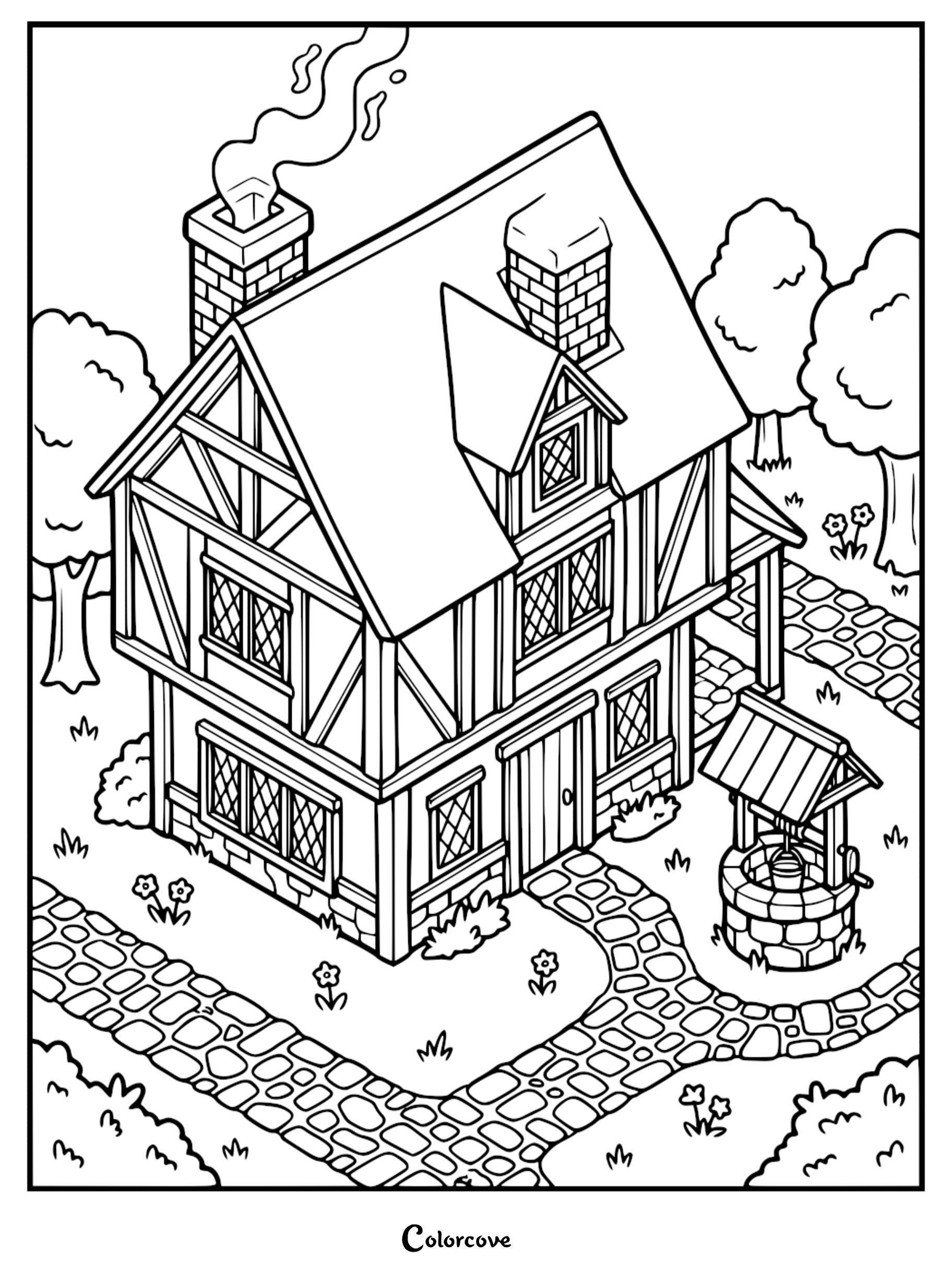 A cozy cottage coloring page featuring a timber-framed house with a smoking chimney, stone path, and a wishing well in the garden.