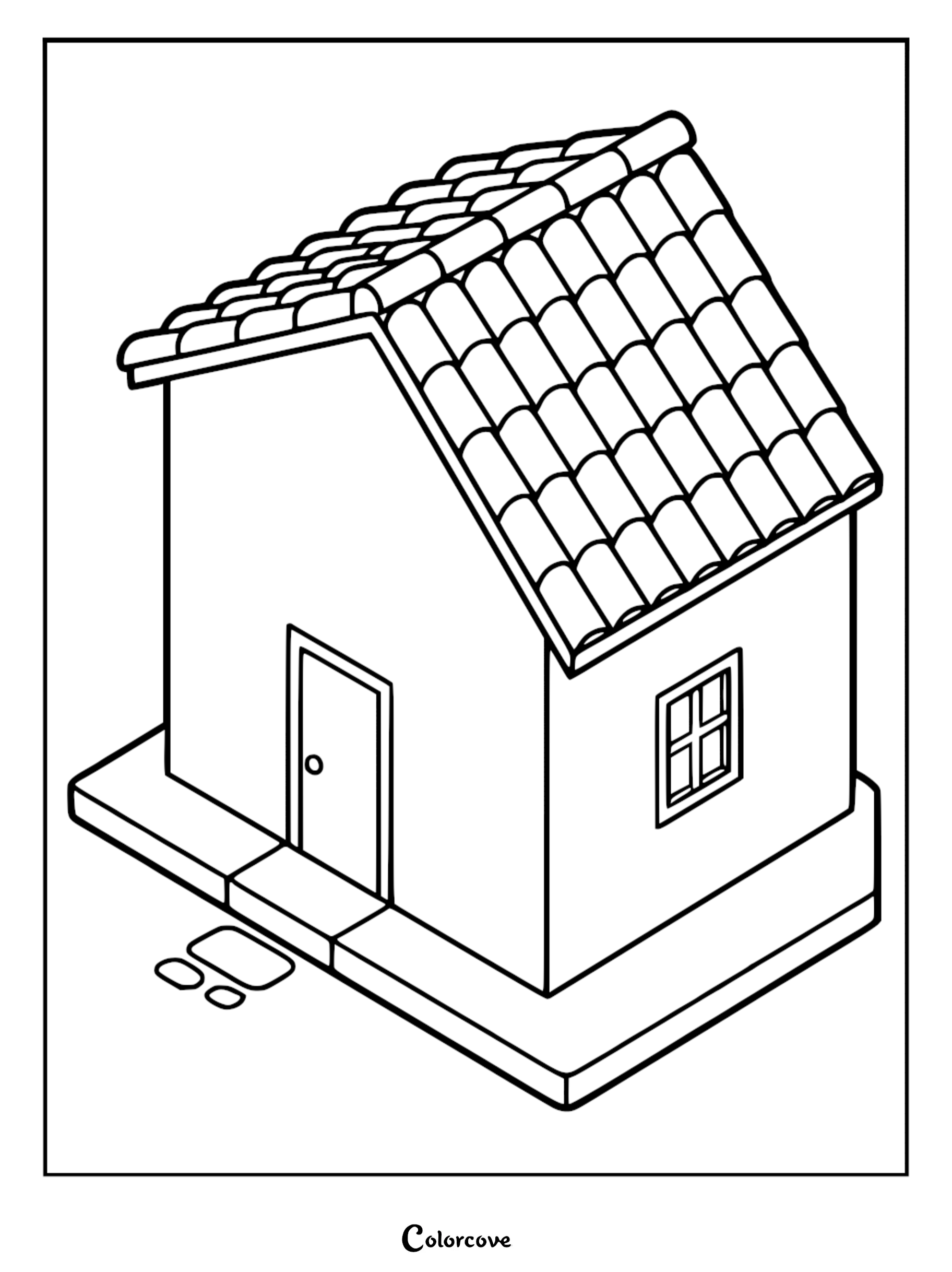 A simple isometric cozy cottage coloring page featuring a tiled roof, a single door, and a small window.