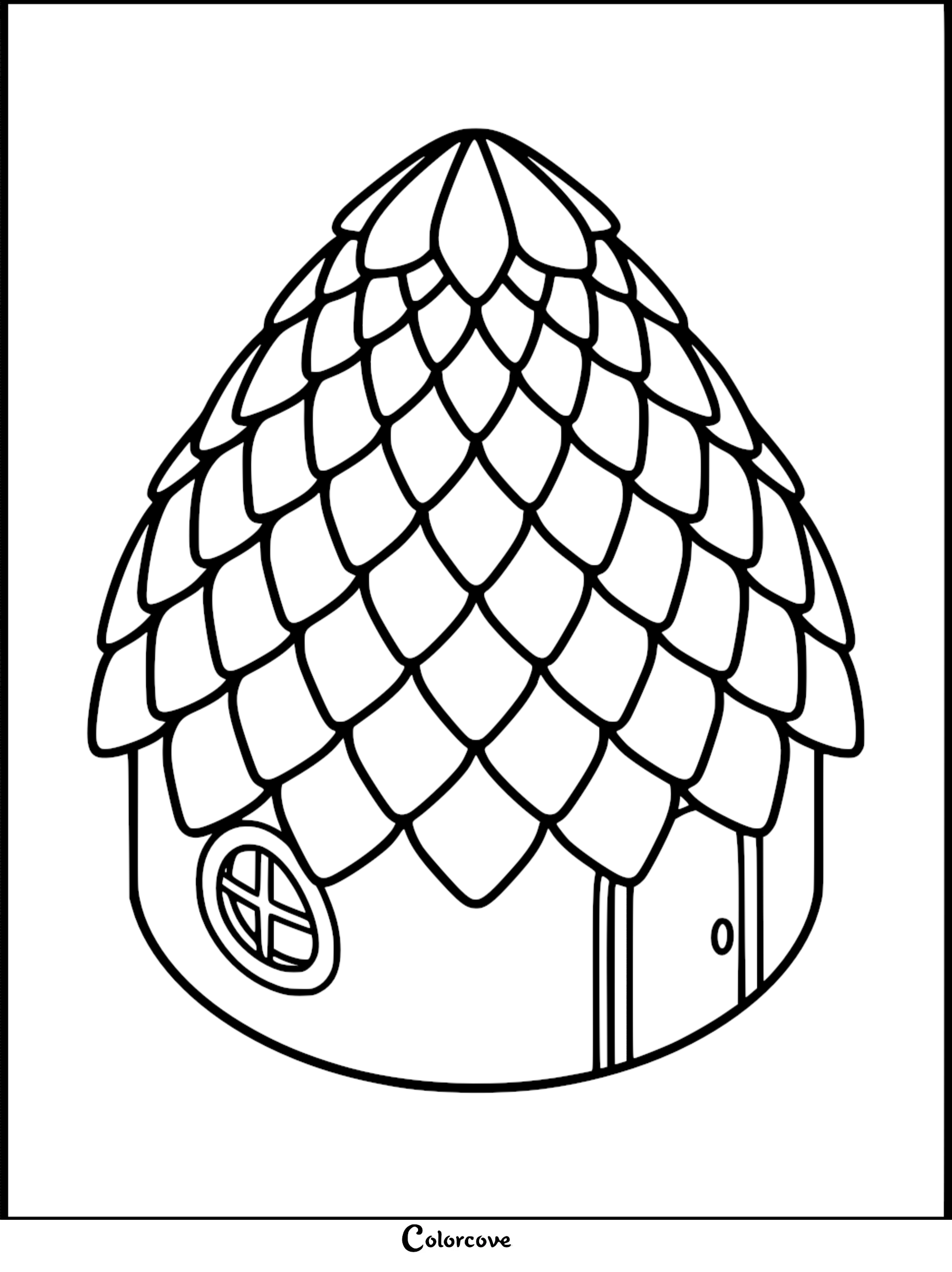 A printable coloring page featuring a cozy cottage with a distinctive scale-patterned roof, a small round window, and a simple wooden door.